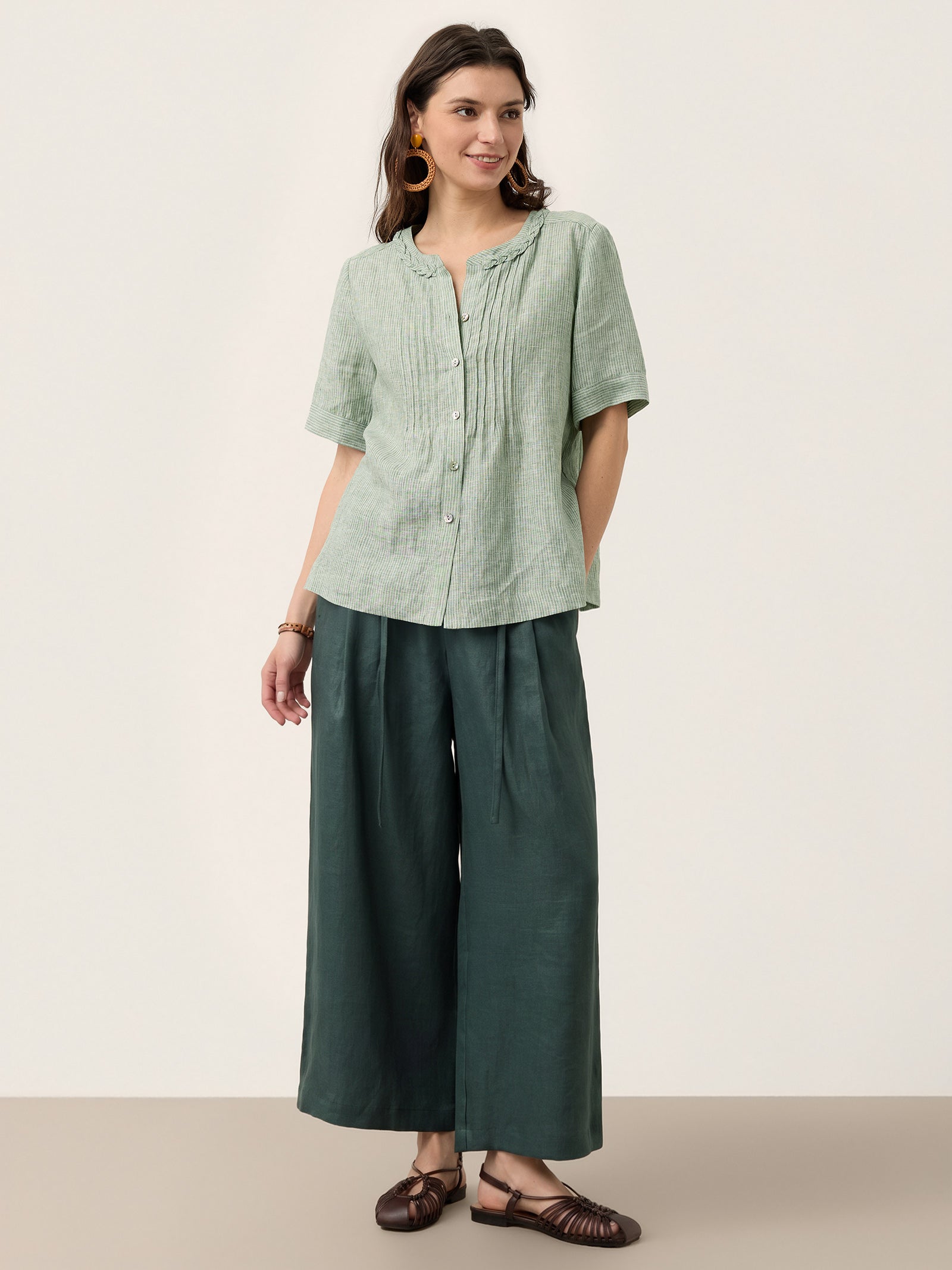 100% Linen Striped Braided Neck Shell Button Top ARDEN