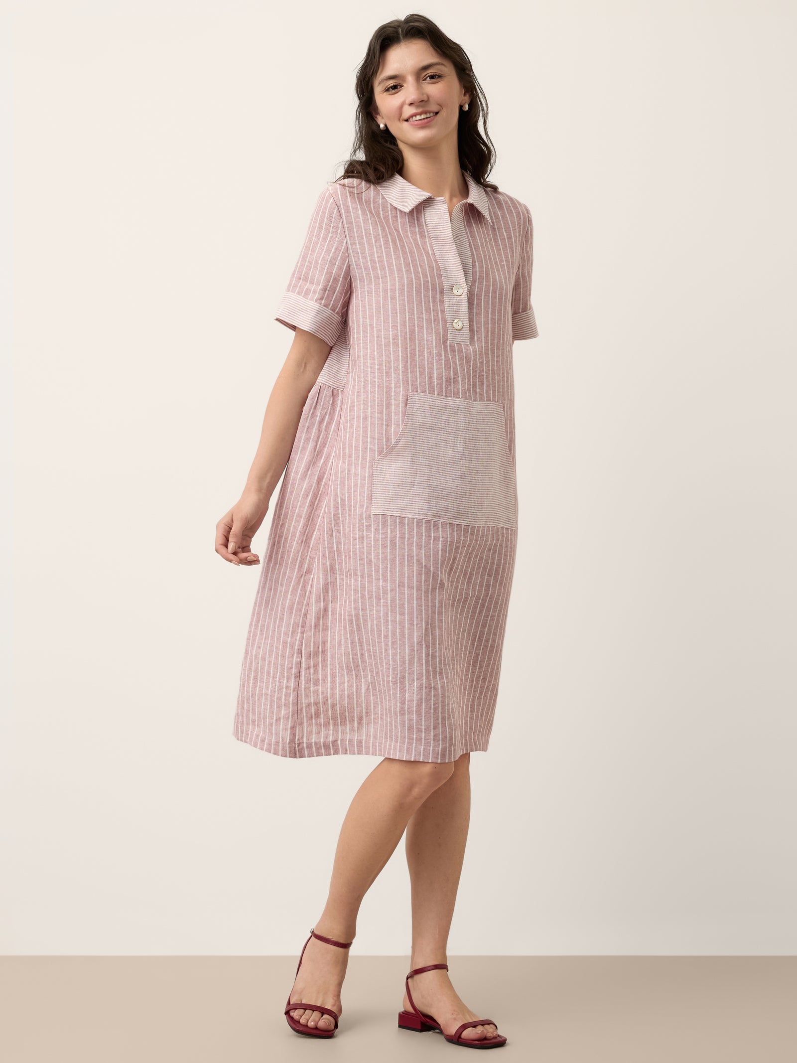 100% Linen Striped Shirt Collar Midi Shirt Dress NOELLE
