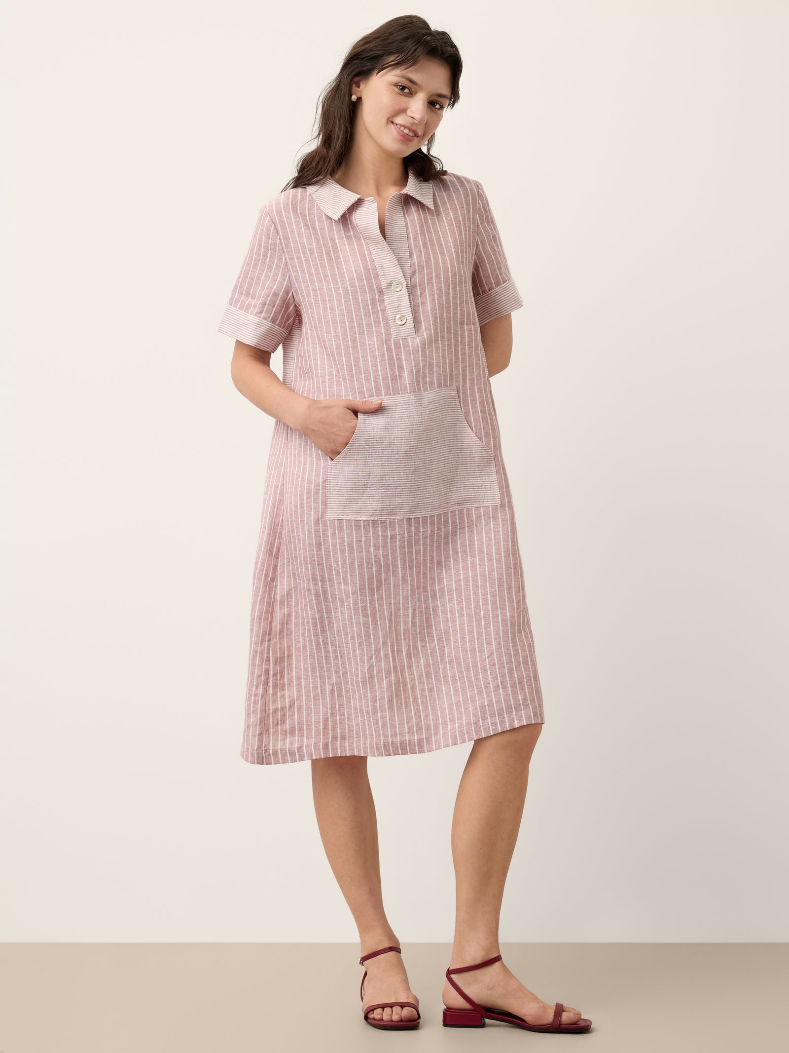 100% Linen Striped Shirt Collar Midi Shirt Dress NOELLE