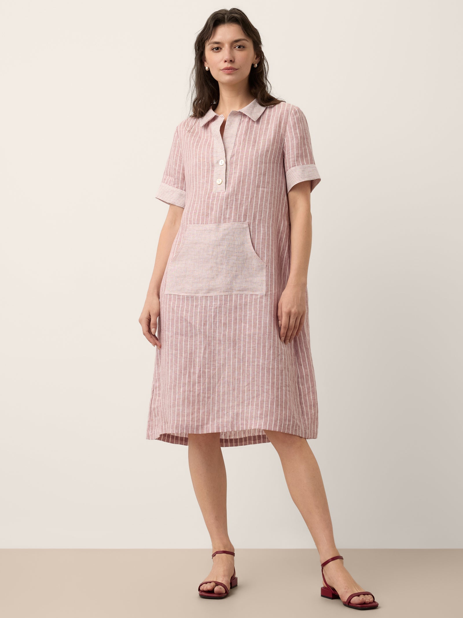 100% Linen Striped Shirt Collar Midi Shirt Dress NOELLE