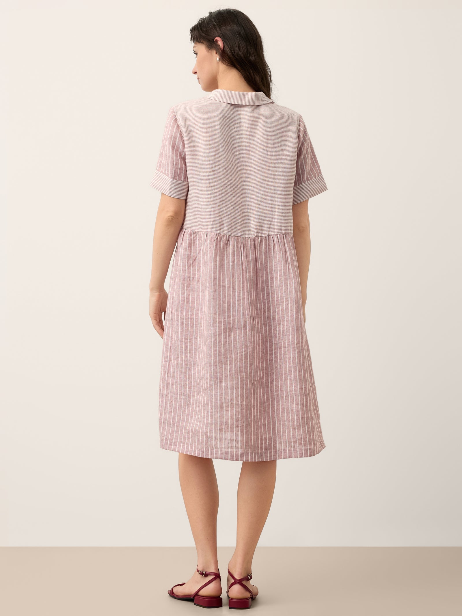 100% Linen Striped Shirt Collar Midi Shirt Dress NOELLE