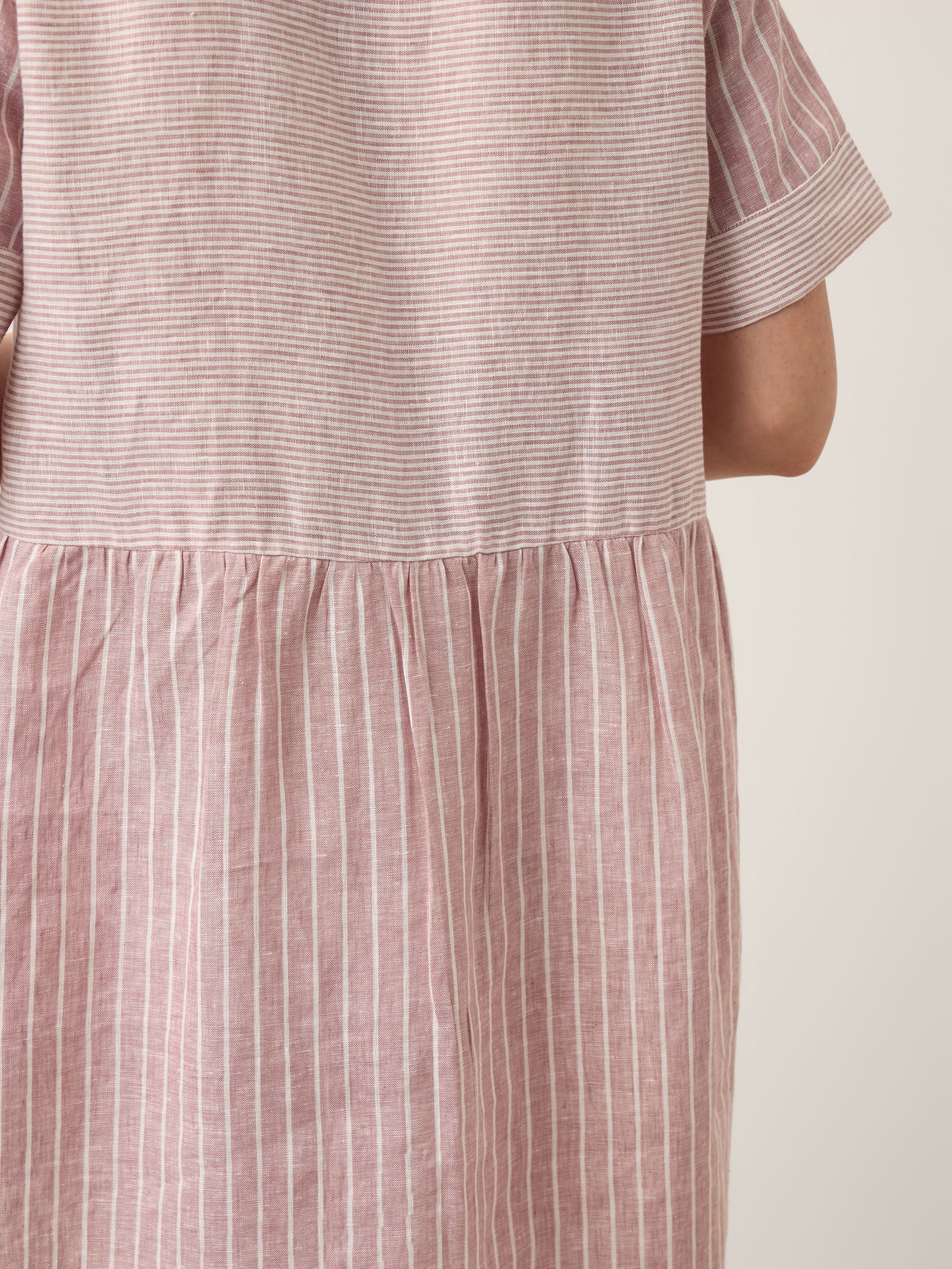 100% Linen Striped Shirt Collar Midi Shirt Dress NOELLE