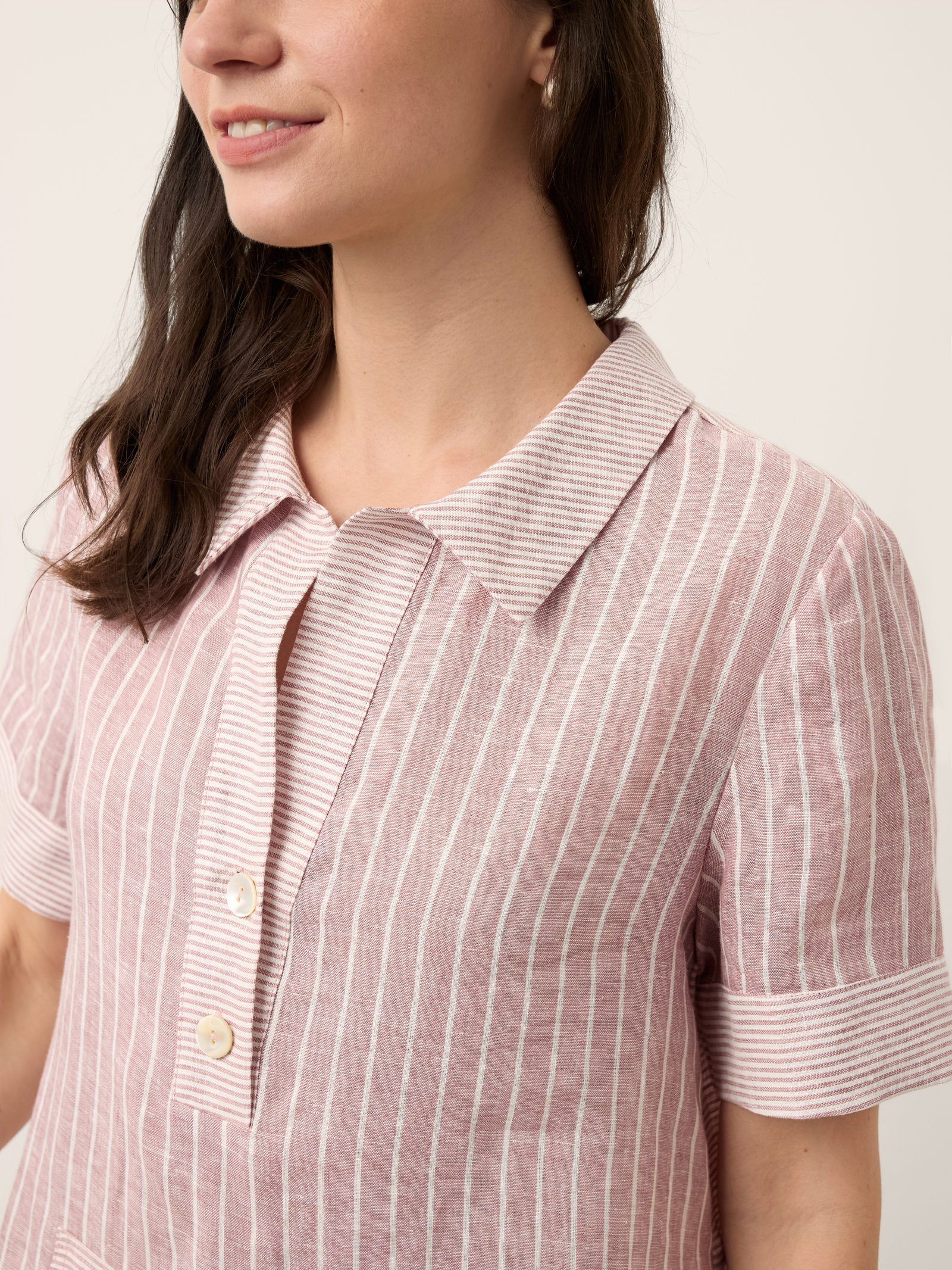 100% Linen Striped Shirt Collar Midi Shirt Dress NOELLE