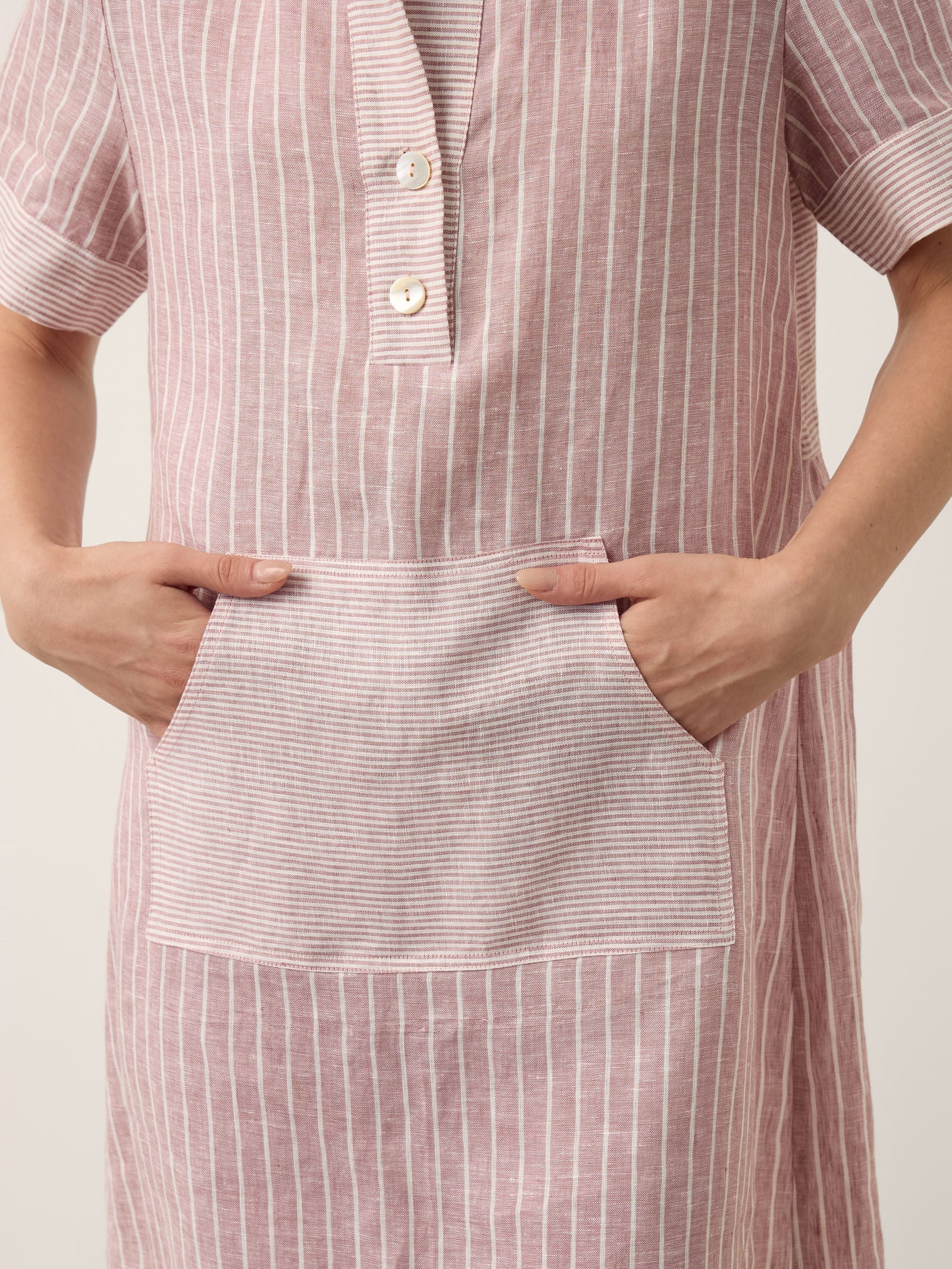 100% Linen Striped Shirt Collar Midi Shirt Dress NOELLE