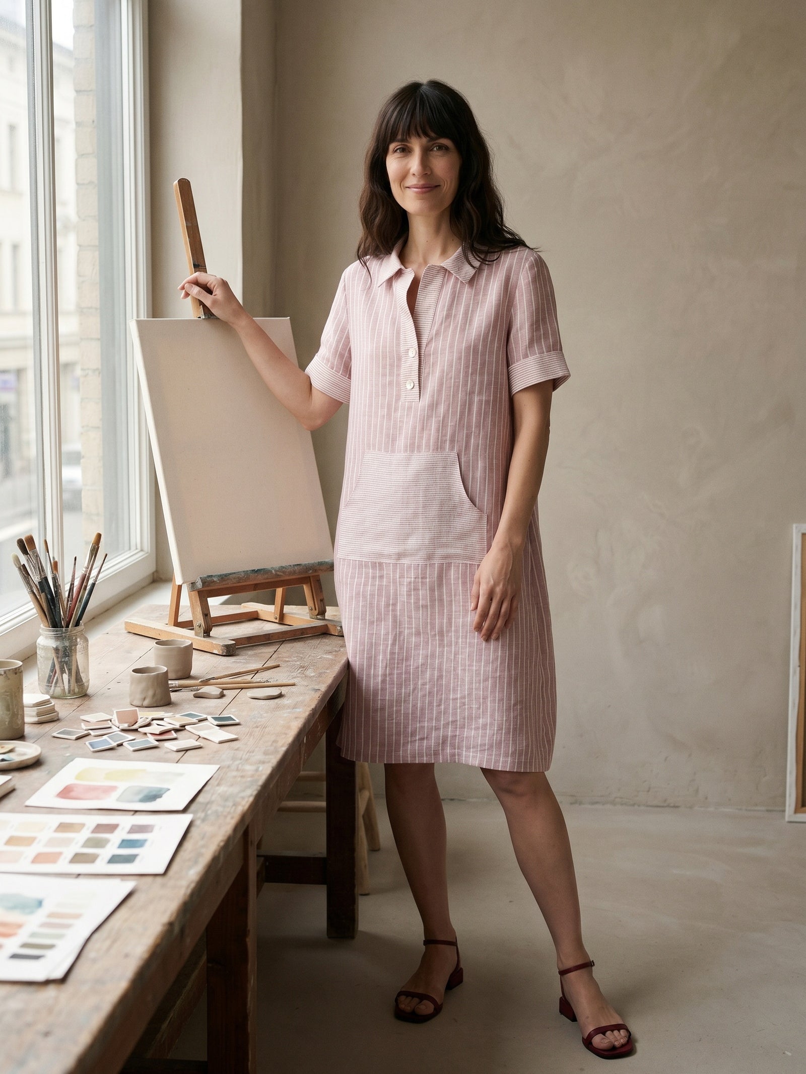 100% Linen Striped Shirt Collar Midi Shirt Dress NOELLE