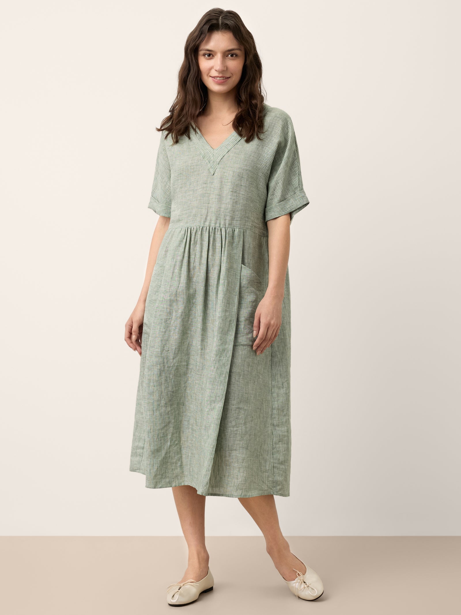 100% Linen Striped V Neck Pocket Midi Dress ASTORIA