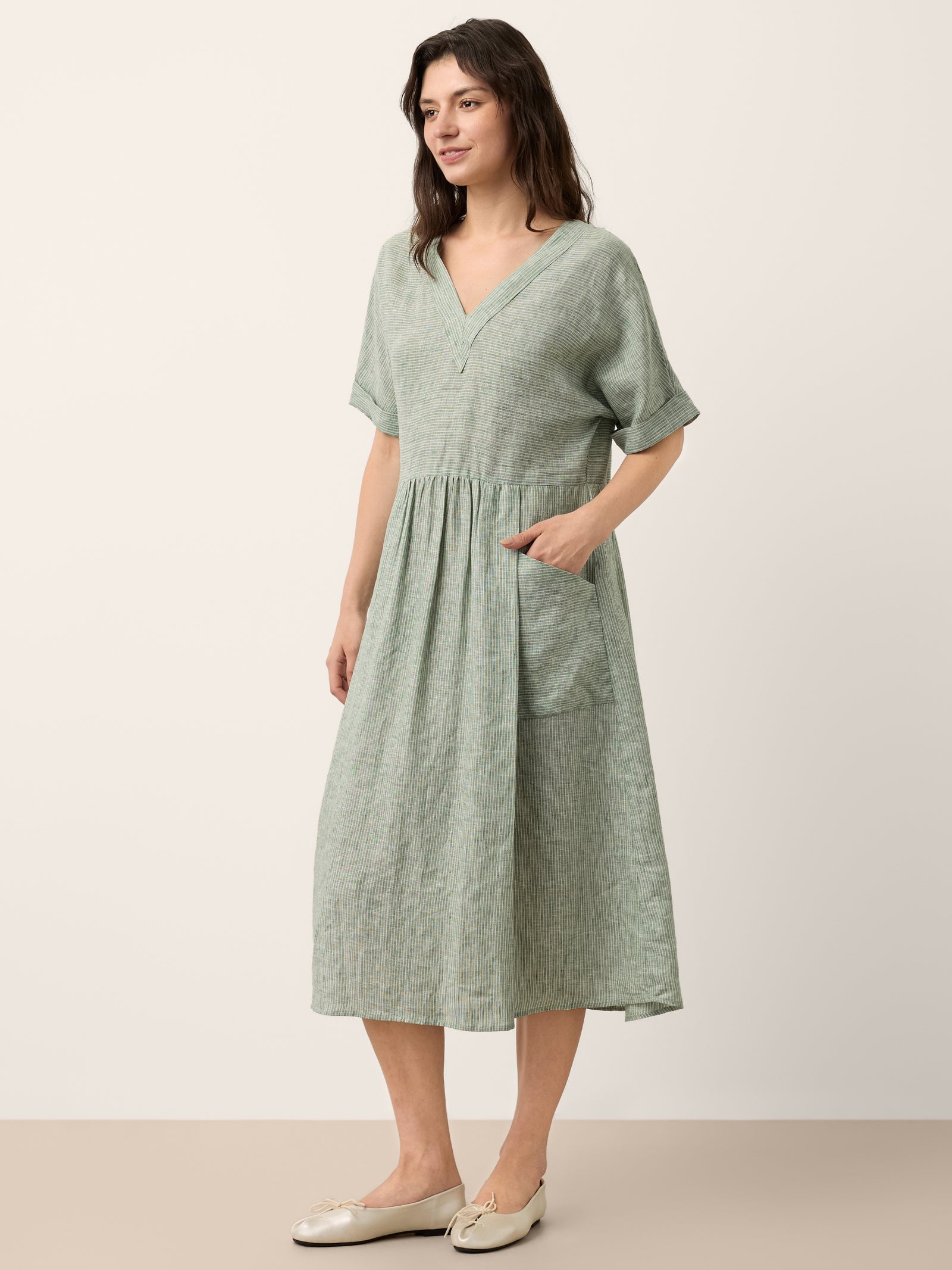 100% Linen Striped V Neck Pocket Midi Dress ASTORIA