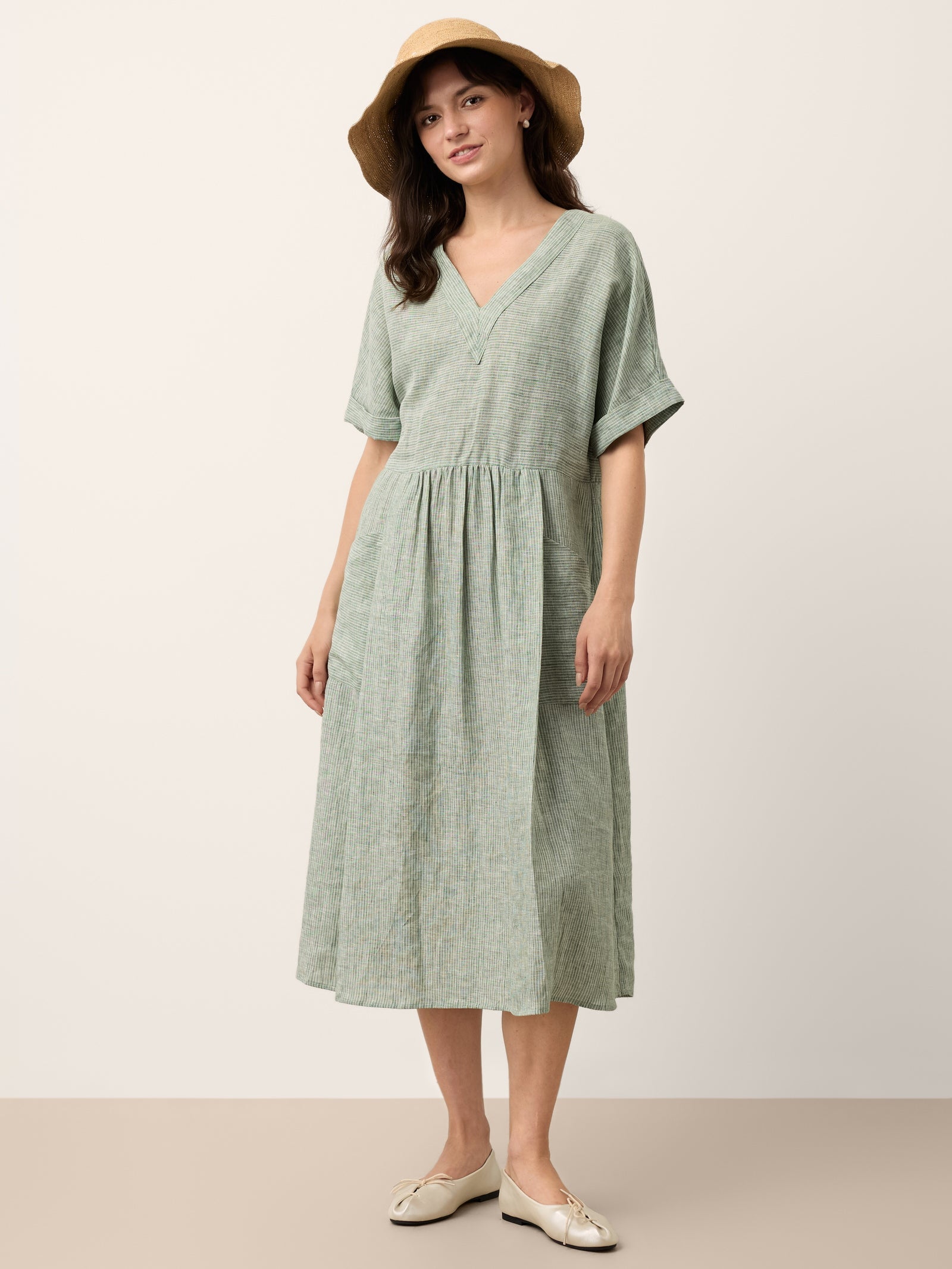 100% Linen Striped V Neck Pocket Midi Dress ASTORIA