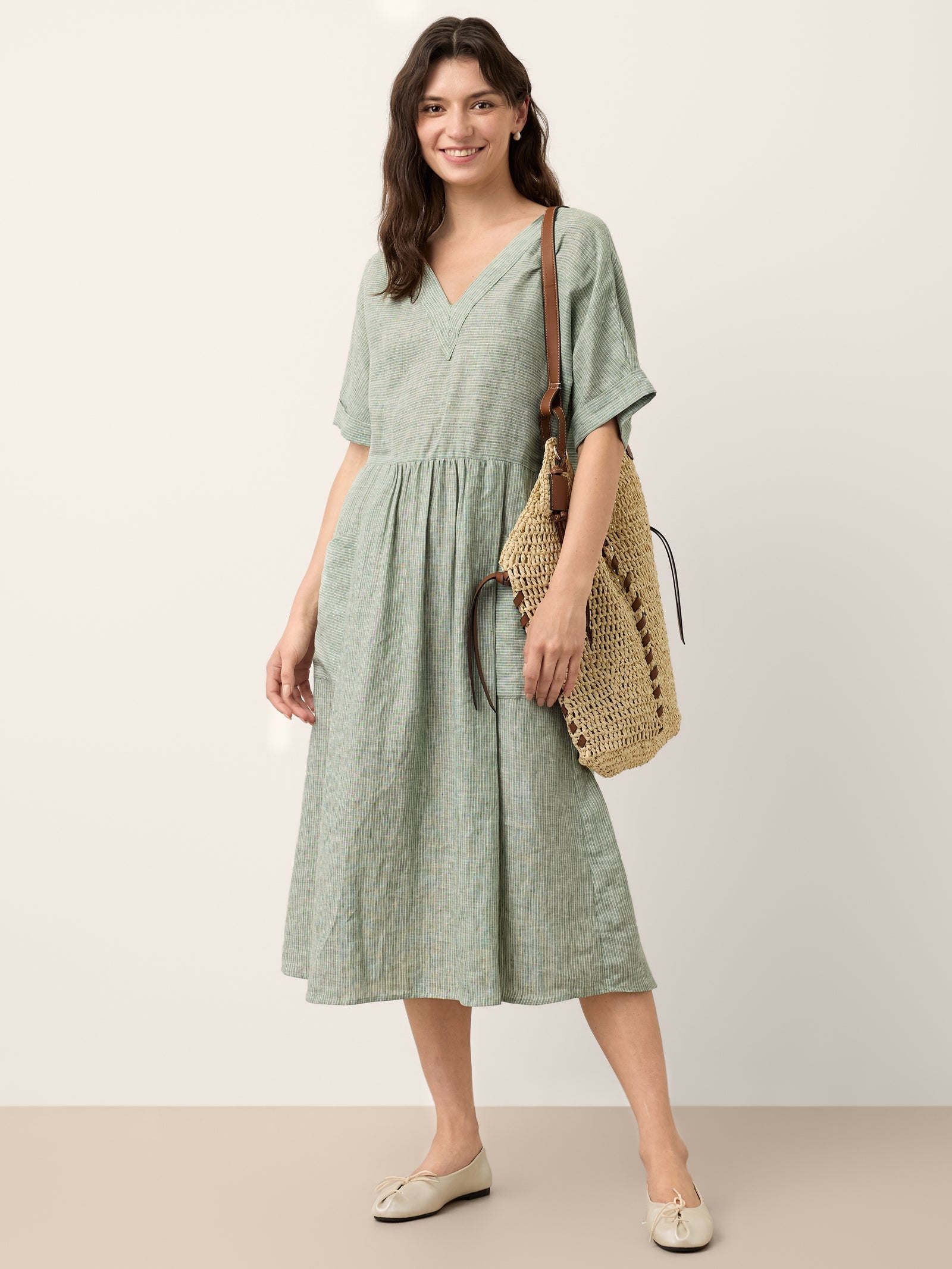 100% Linen Striped V Neck Pocket Midi Dress ASTORIA