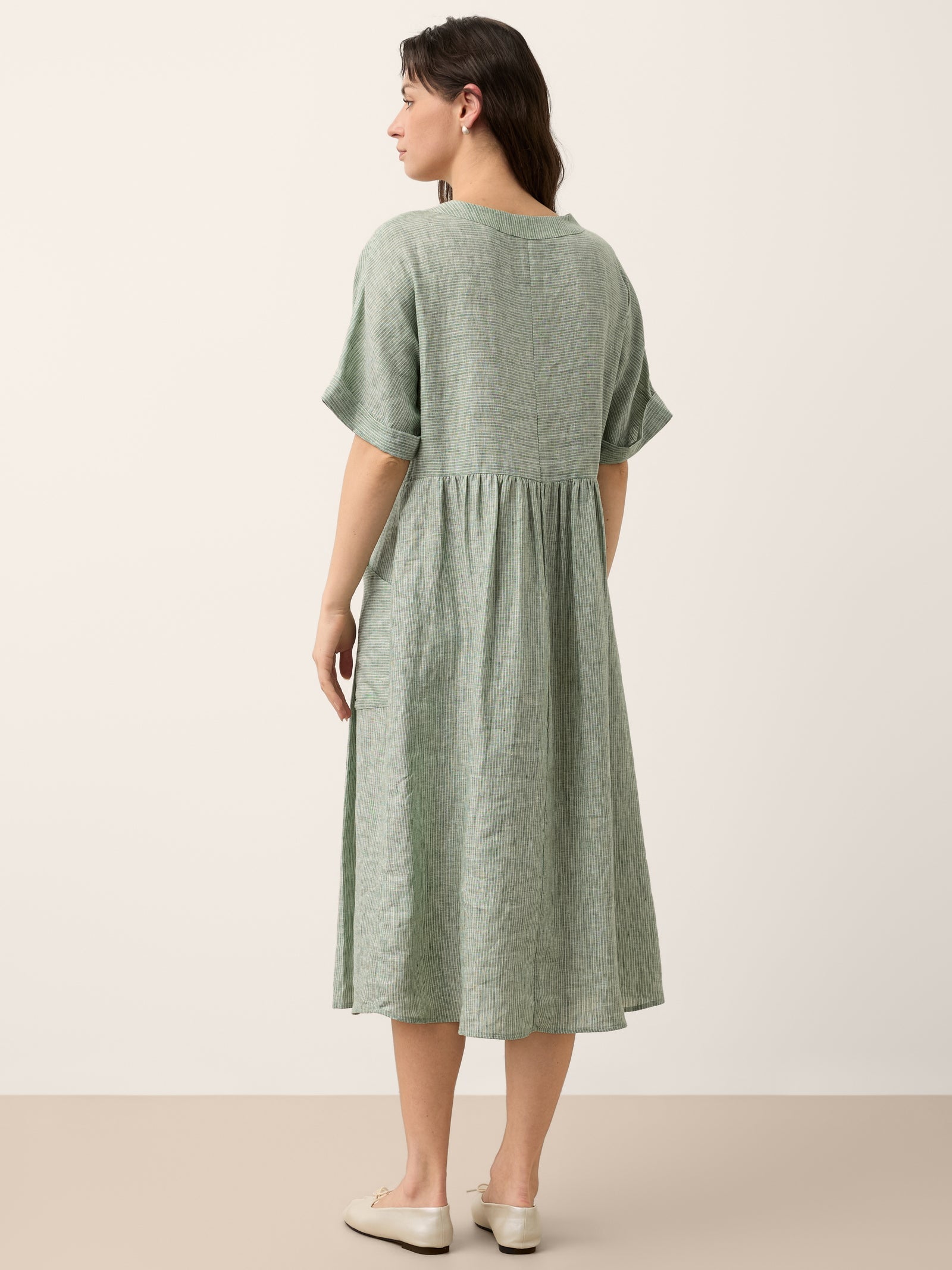 100% Linen Striped V Neck Pocket Midi Dress ASTORIA