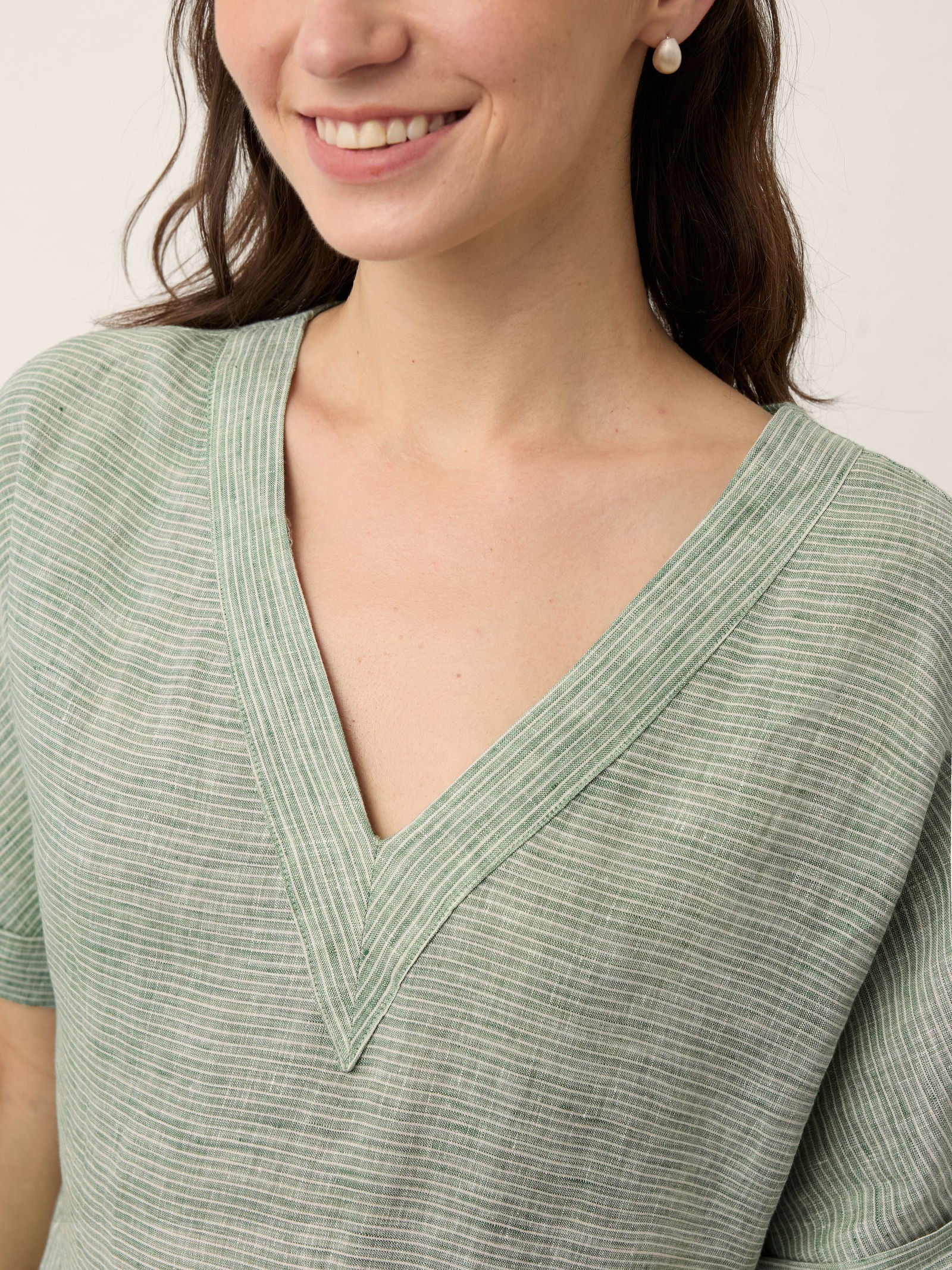 100% Linen Striped V Neck Pocket Midi Dress ASTORIA