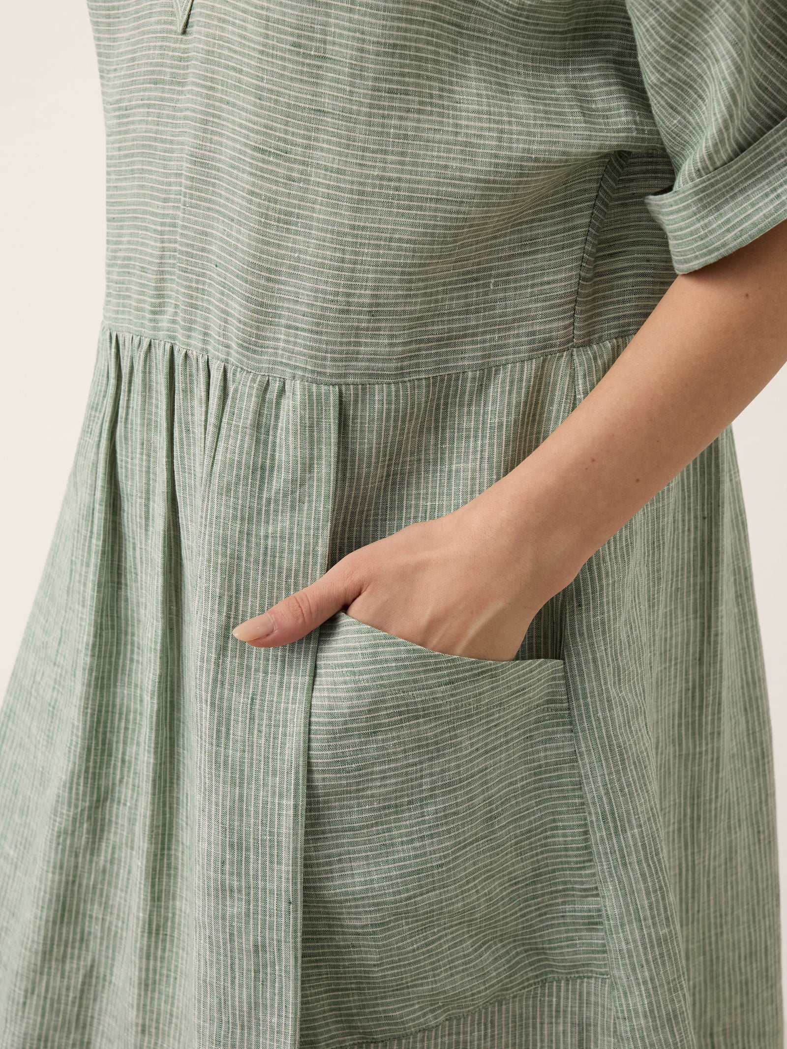 100% Linen Striped V Neck Pocket Midi Dress ASTORIA