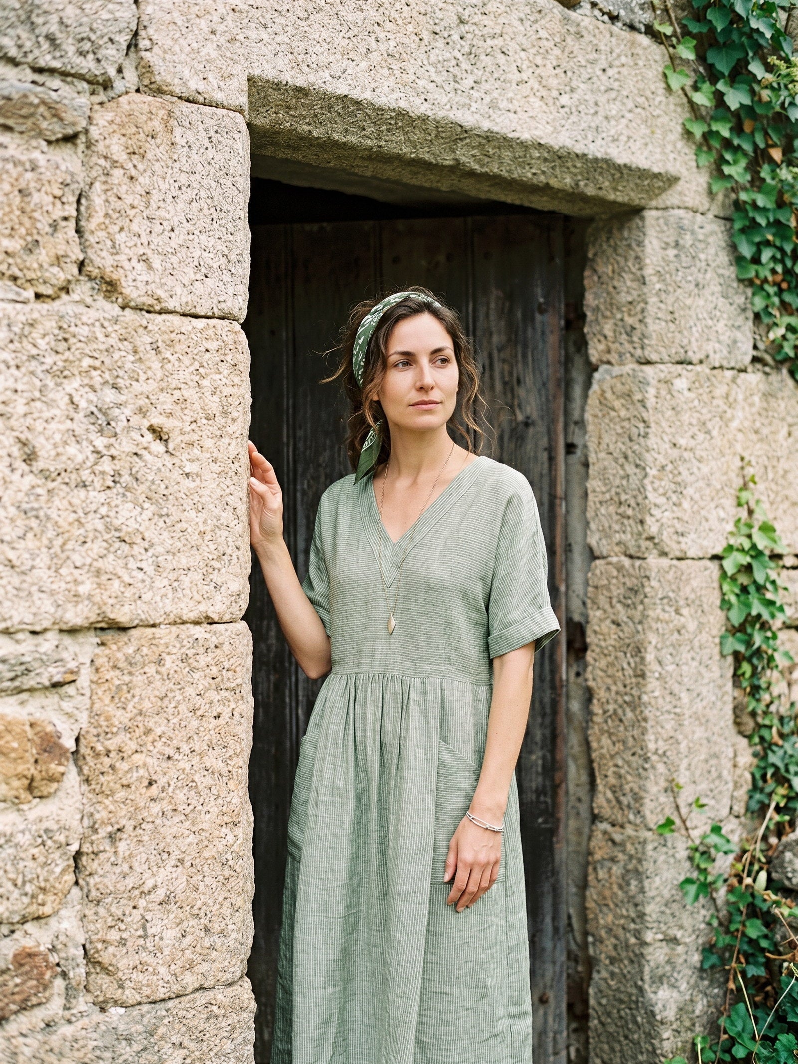 100% Linen Striped V Neck Pocket Midi Dress ASTORIA