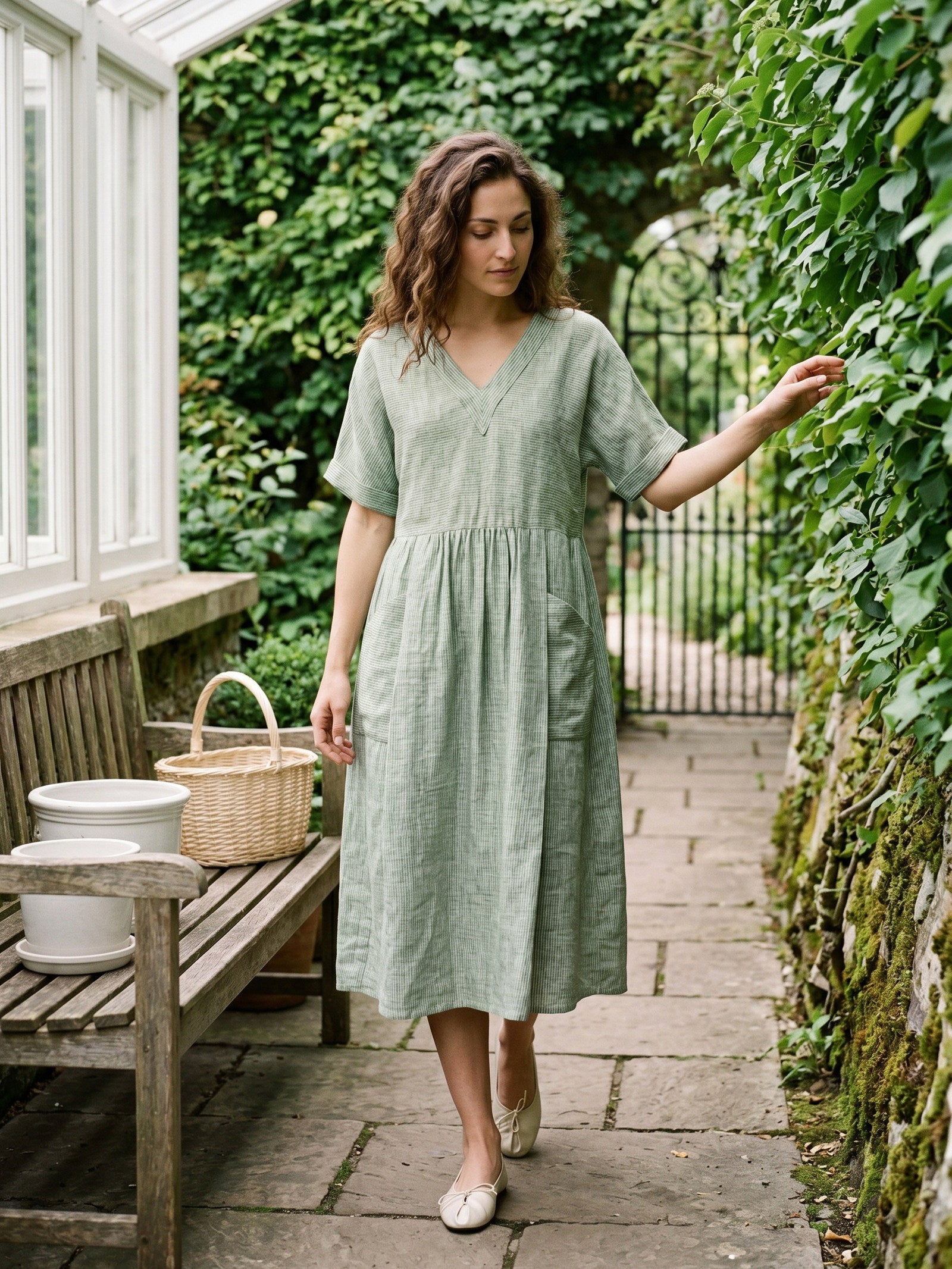 100% Linen Striped V Neck Pocket Midi Dress ASTORIA