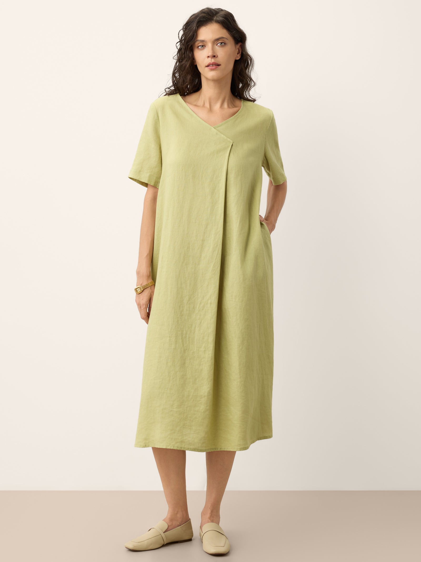 100% Linen Surplice Neck A Line Maxi Dress JUDITH