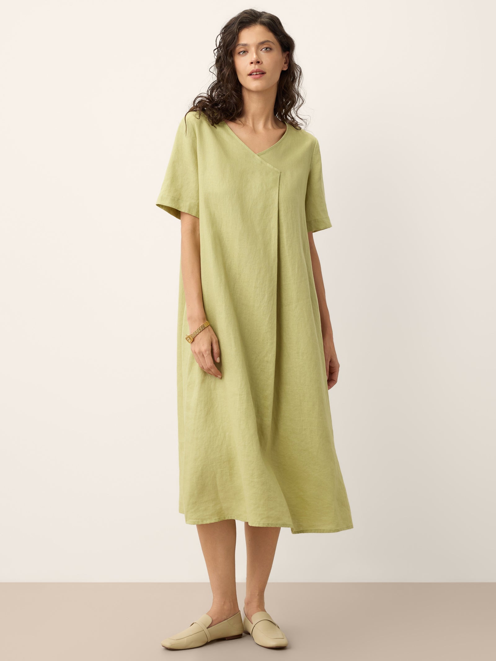 100% Linen Surplice Neck A Line Maxi Dress JUDITH