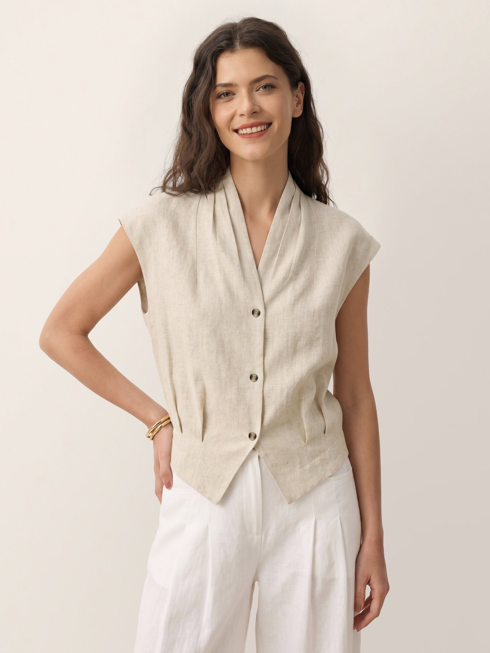 100% Linen Surplice Neck Elasticated Back Cropped Shirt VALERIA