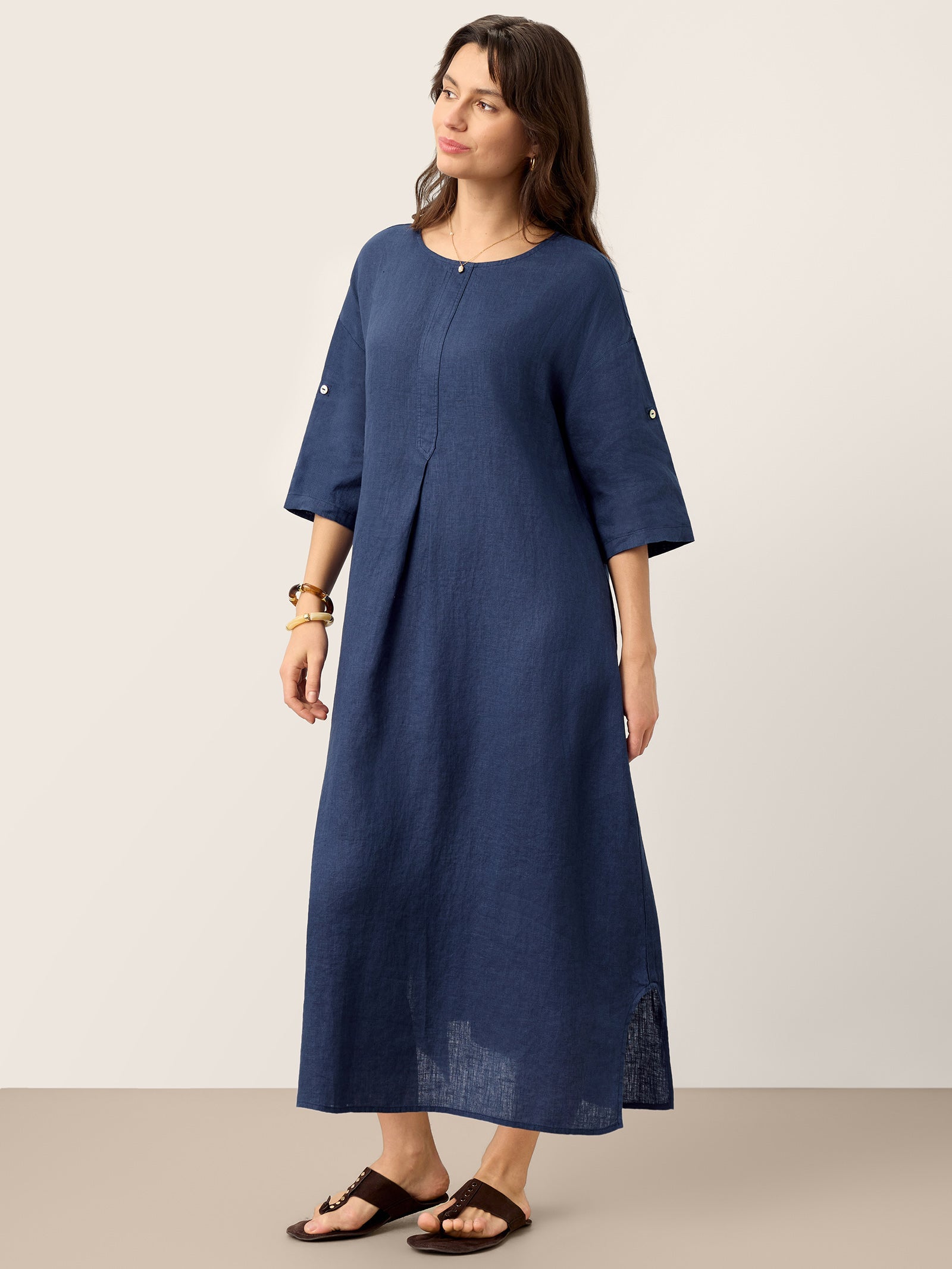 100% Linen Roll-Up Sleeve Inverted Pleat Maxi Dress MARIBEL