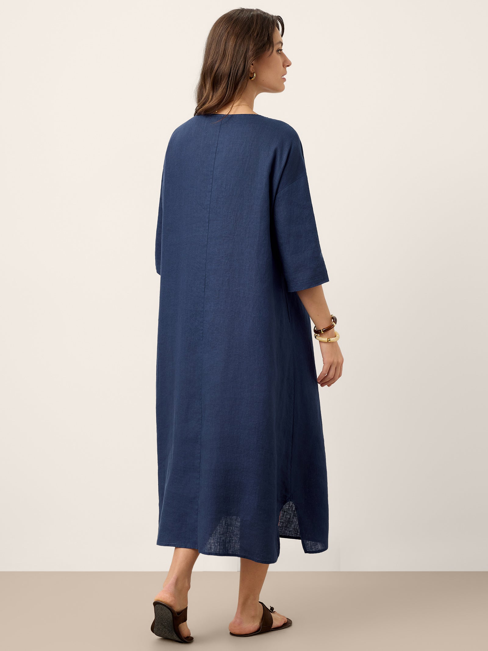 100% Linen Roll-Up Sleeve Inverted Pleat Maxi Dress MARIBEL