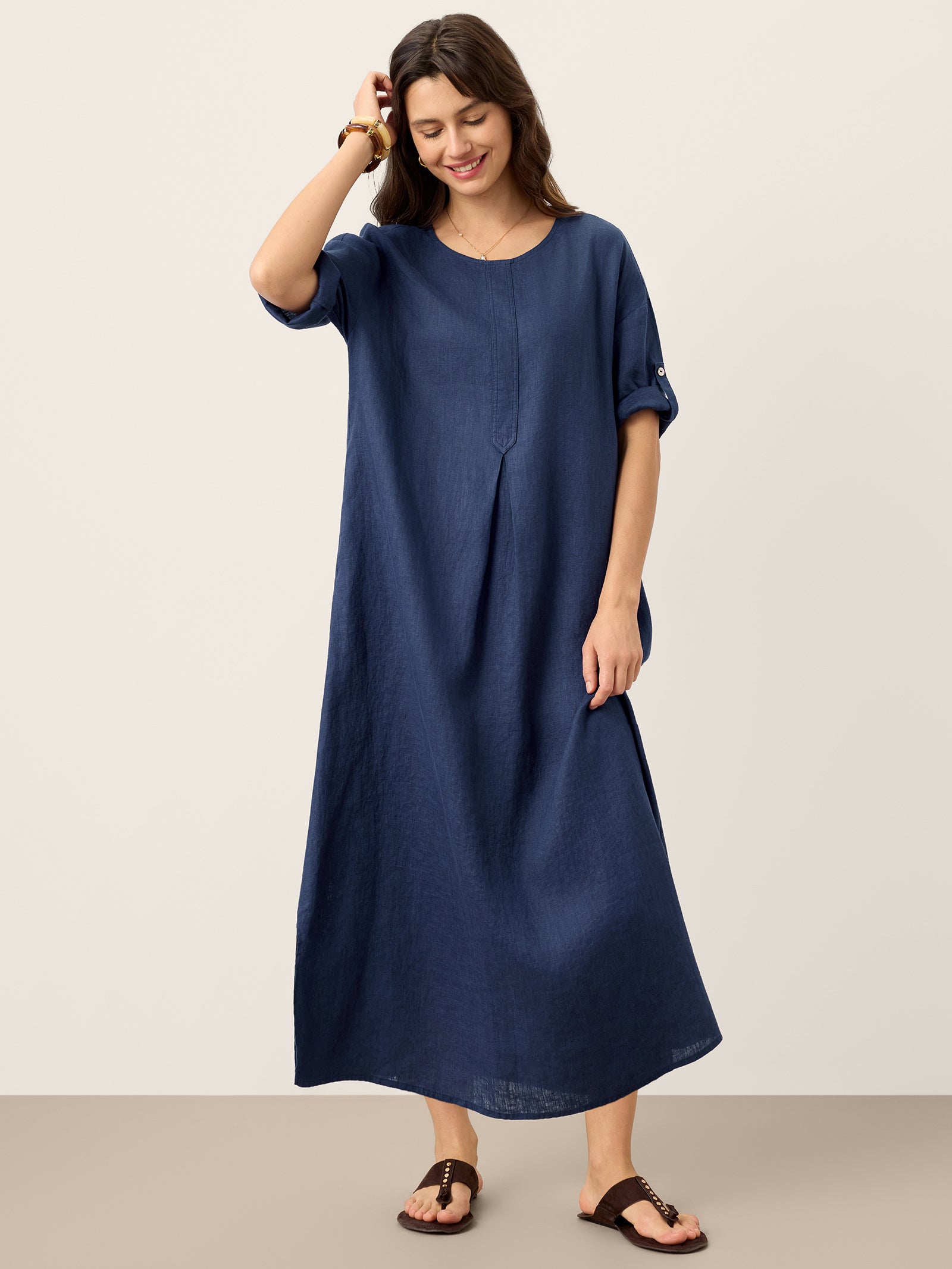 100% Linen Roll-Up Sleeve Inverted Pleat Maxi Dress MARIBEL