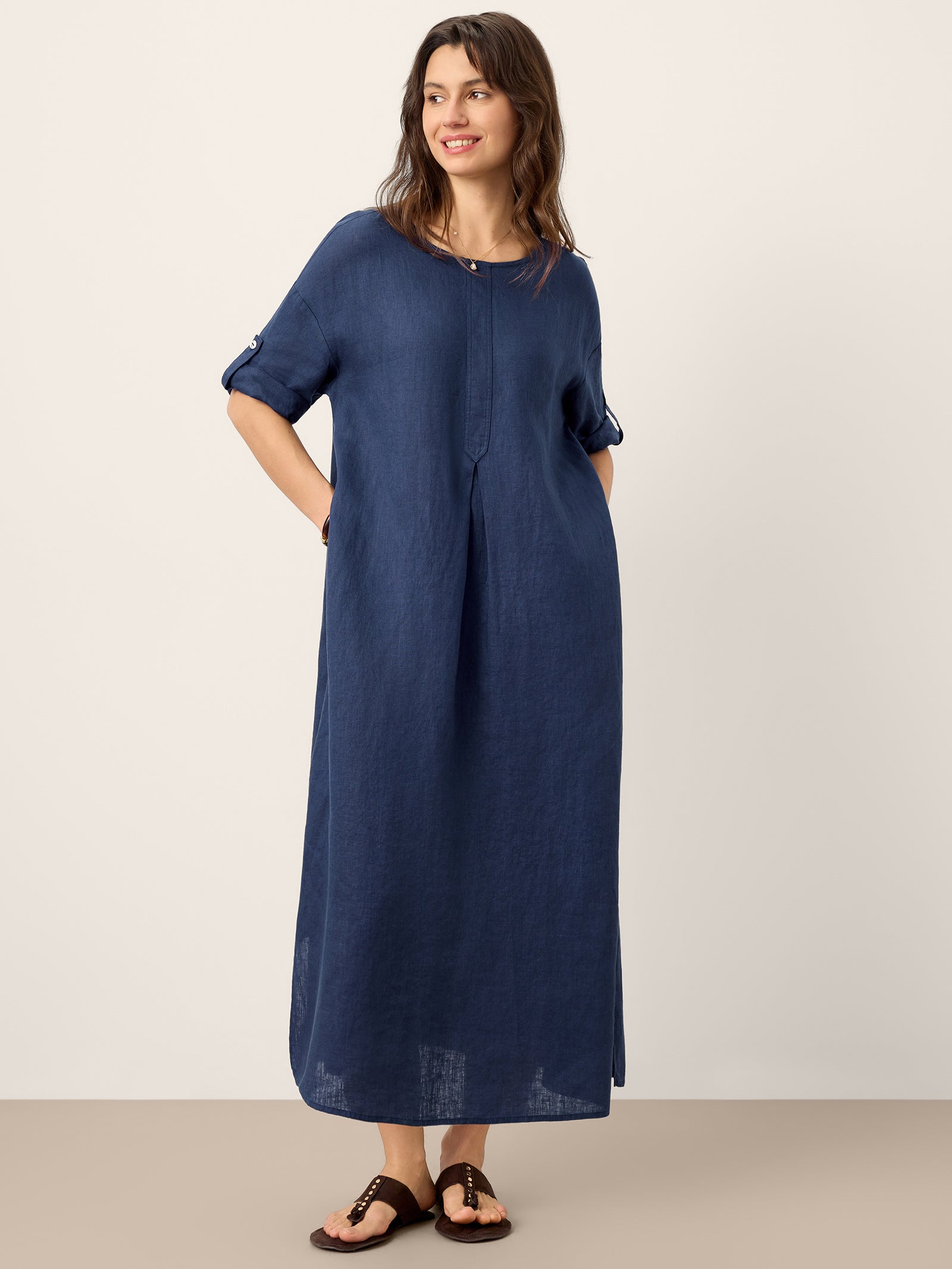 100% Linen Roll-Up Sleeve Inverted Pleat Maxi Dress MARIBEL