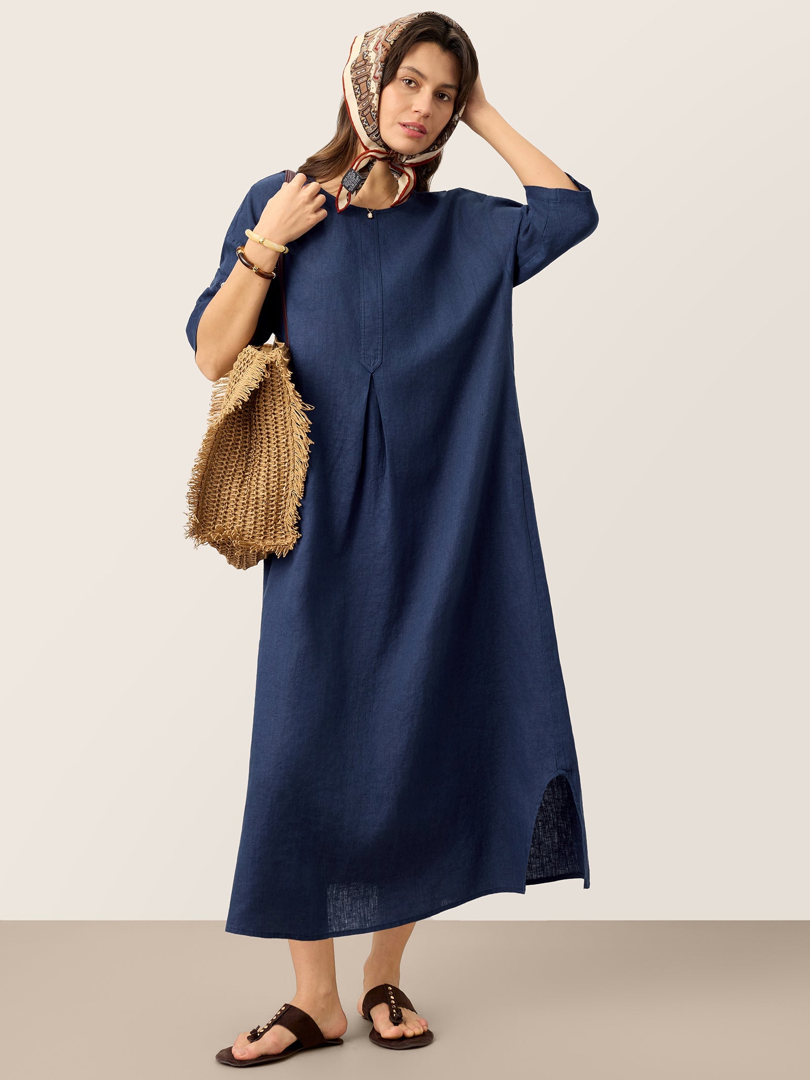 100% Linen Roll-Up Sleeve Inverted Pleat Maxi Dress MARIBEL