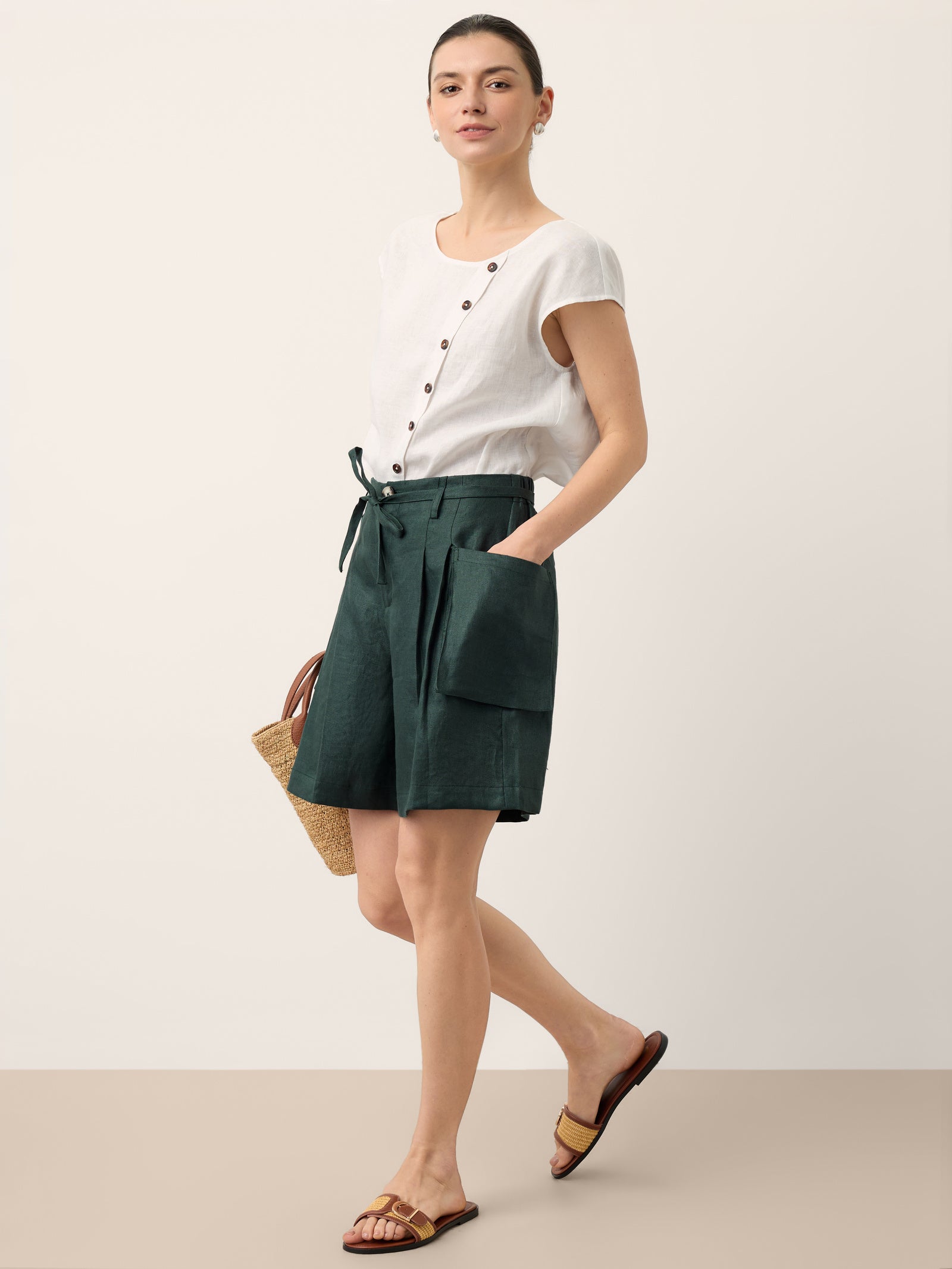 100% Linen Tie Waist Pleated Bermuda Shorts CADENCE
