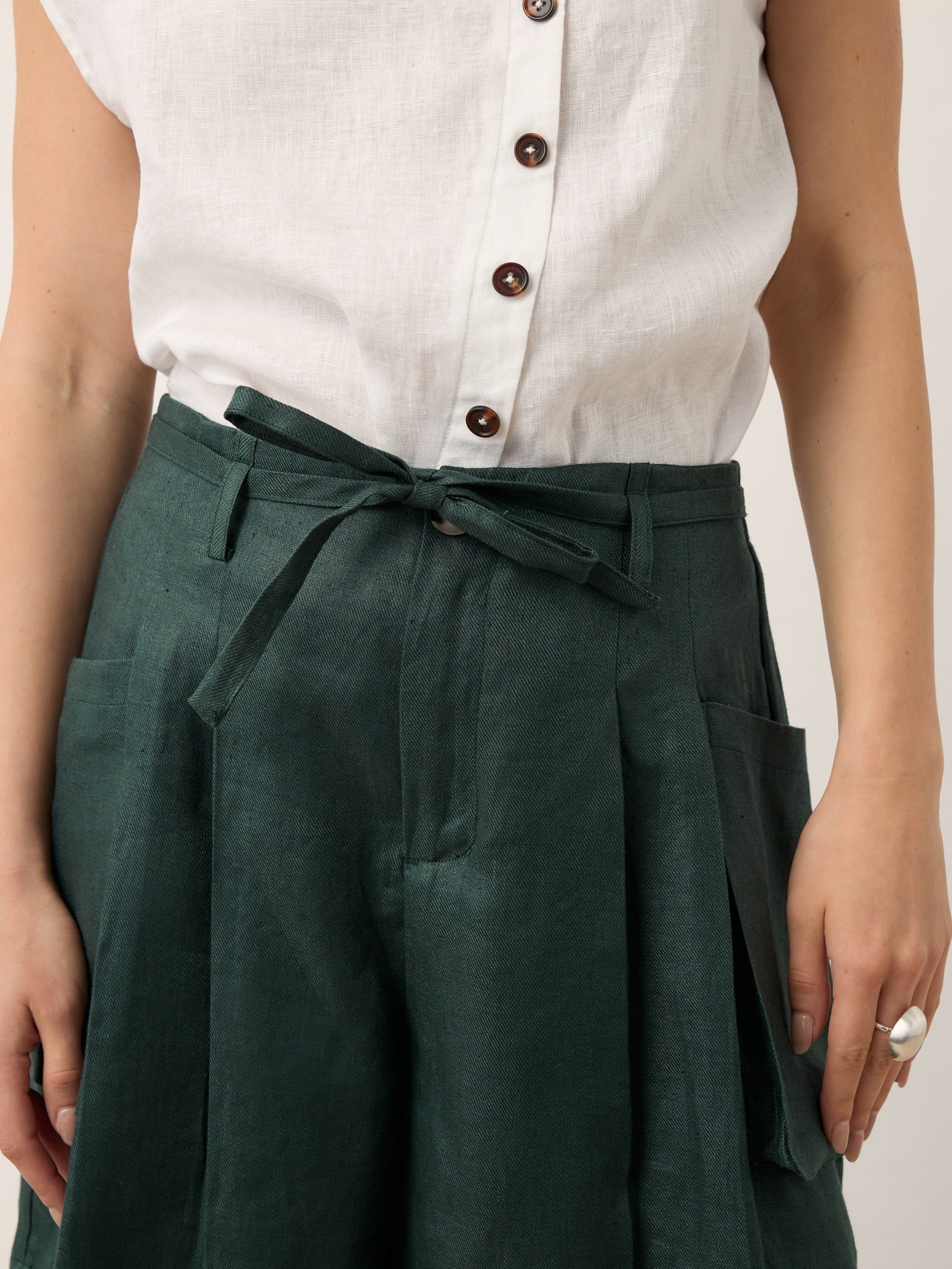 100% Linen Tie Waist Pleated Bermuda Shorts CADENCE