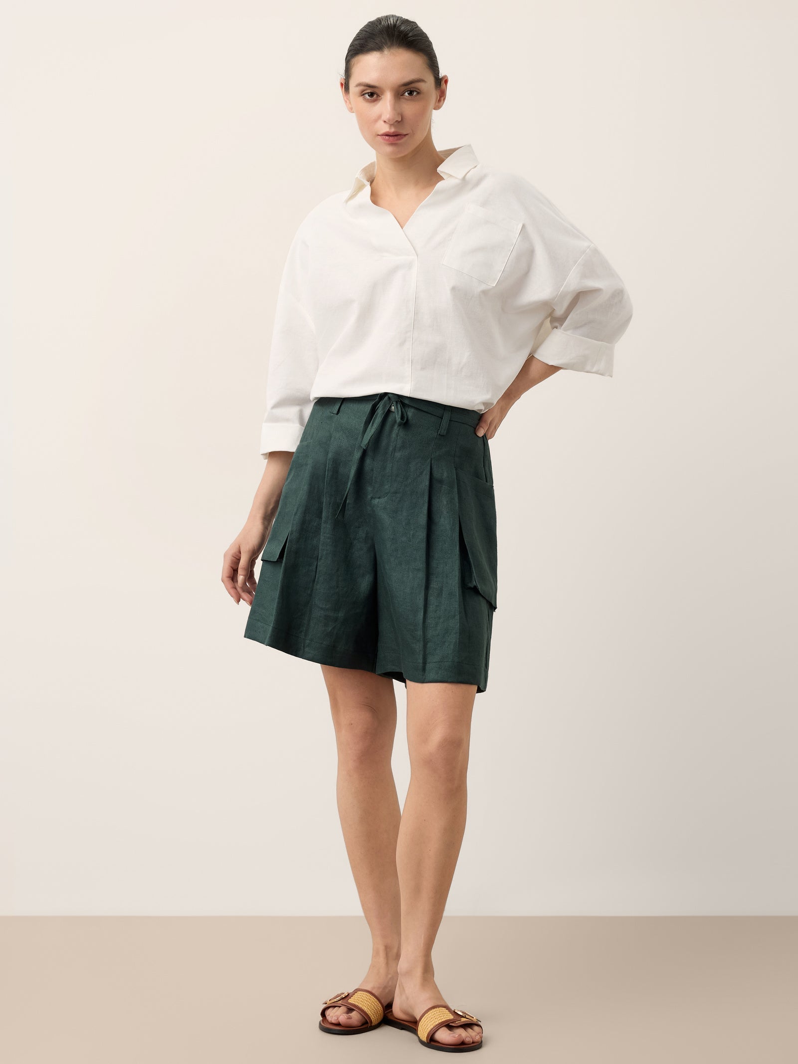 100% Linen Tie Waist Pleated Bermuda Shorts CADENCE