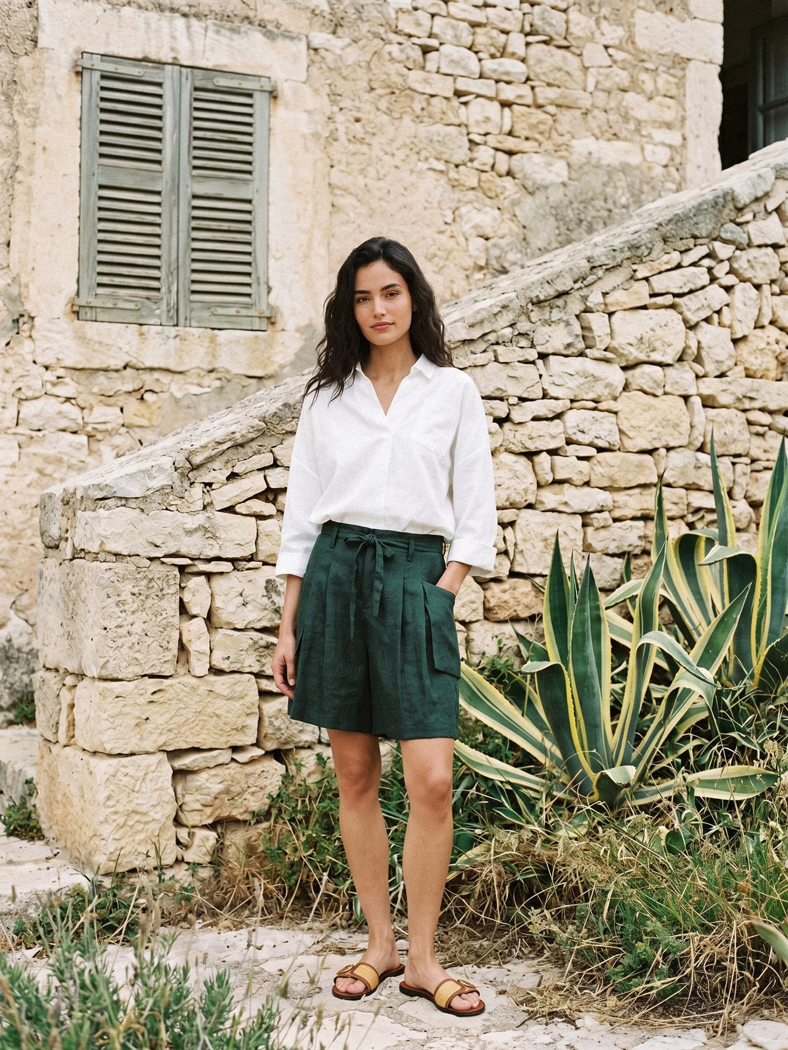 100% Linen Tie Waist Pleated Bermuda Shorts CADENCE