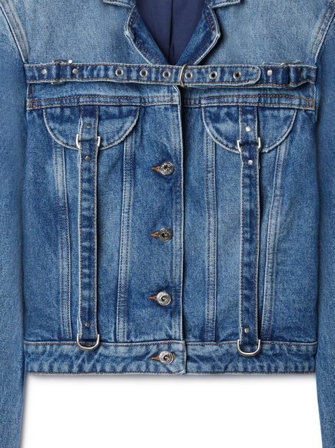 Off White Crop Denim Jacket With Belt