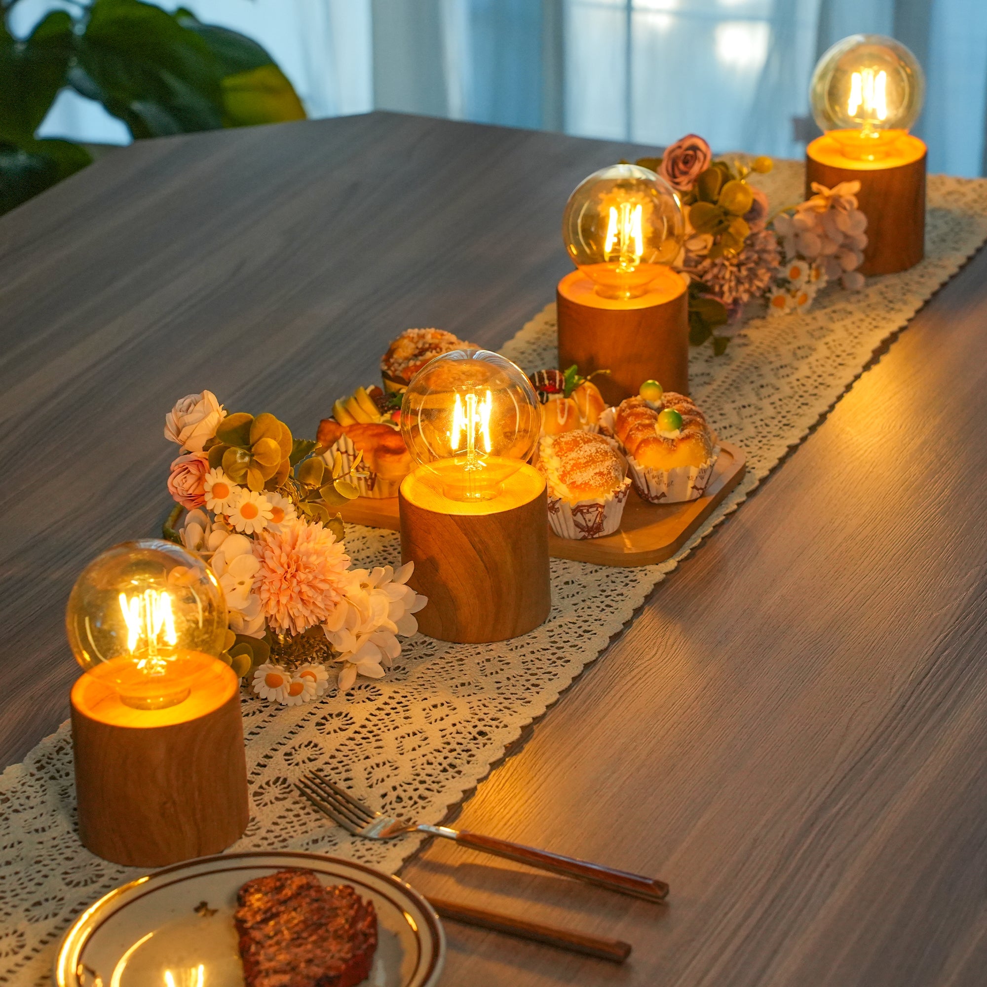 Set of 4 Wood Grain Table Lamp 6.5" Tall