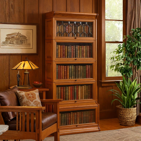 Mission Style Oak Barrister Bookcase 5 Stack-Leaded Glass in 2 Colors
