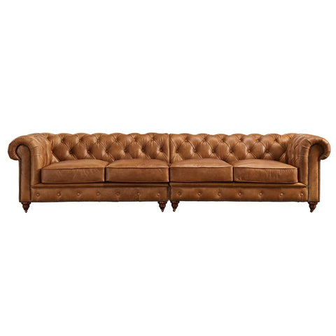 Century Chesterfield Sofa - Light Brown Leather - 118"