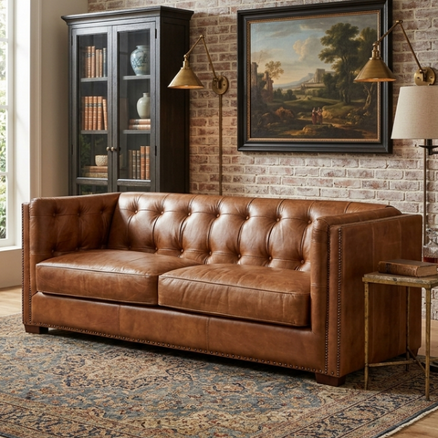 Tuxedo Leather Sofa - Light Brown