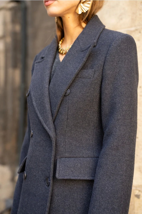 Long Fitted Double-Breasted Coat in A Wool Blend