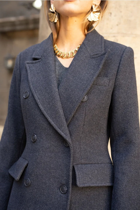 Long Fitted Double-Breasted Coat in A Wool Blend