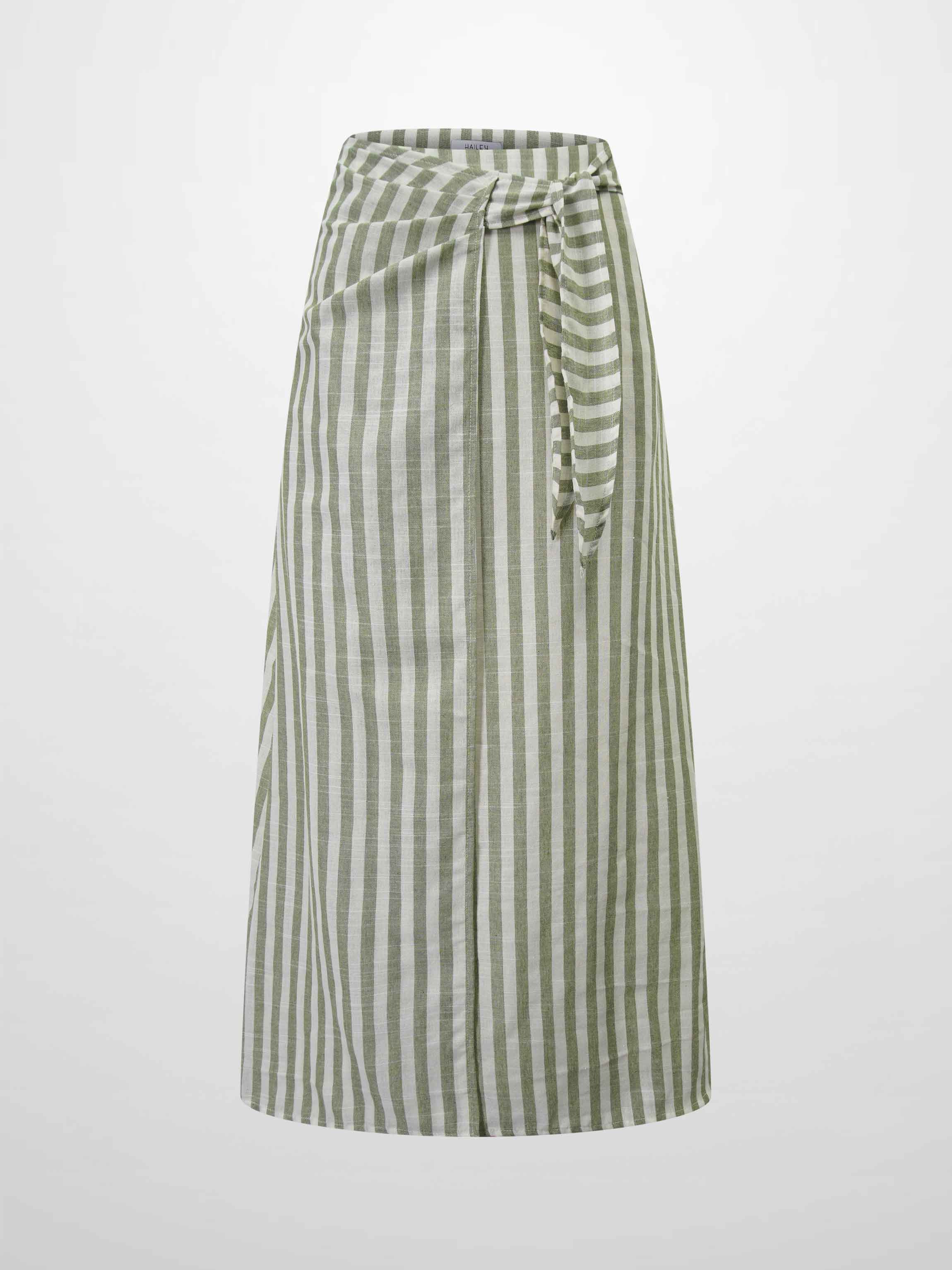 Faux Wrap Stripe Skirt-Green/Cream