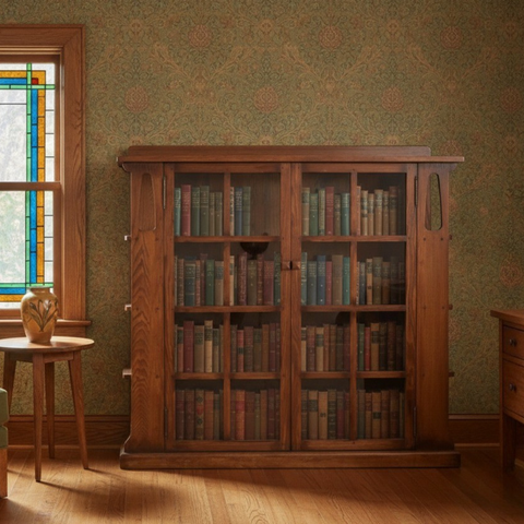 Mission Double Door Bookcase with Side Shelves - Walnut (W1)