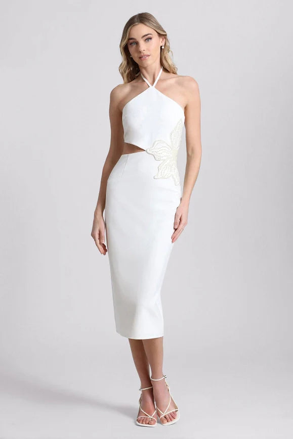 Flower Embellished Cut-Out Halter Dress White/White Flower