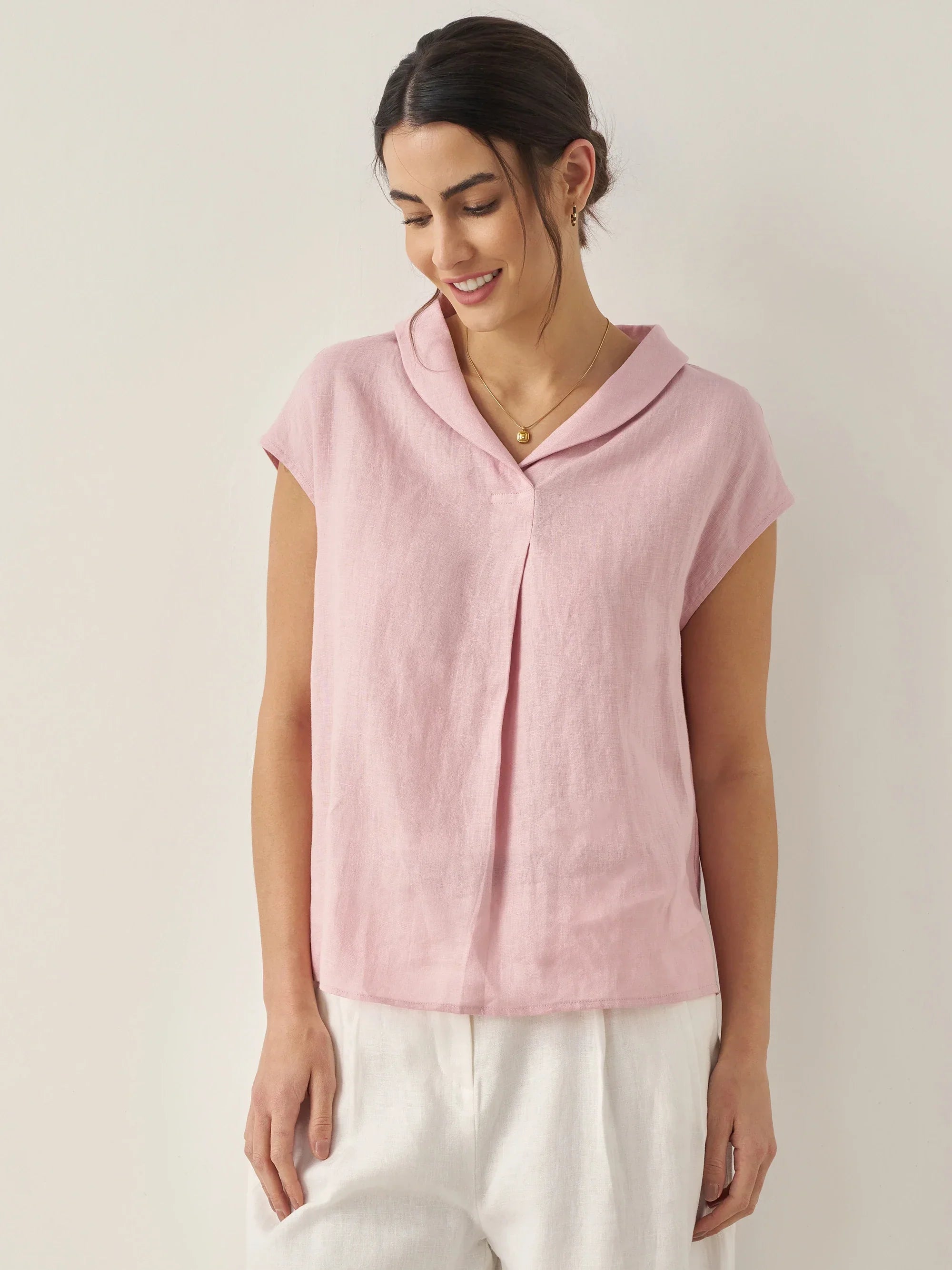 100% Linen Shawl V-Neck Cap Sleeves Top ELARA