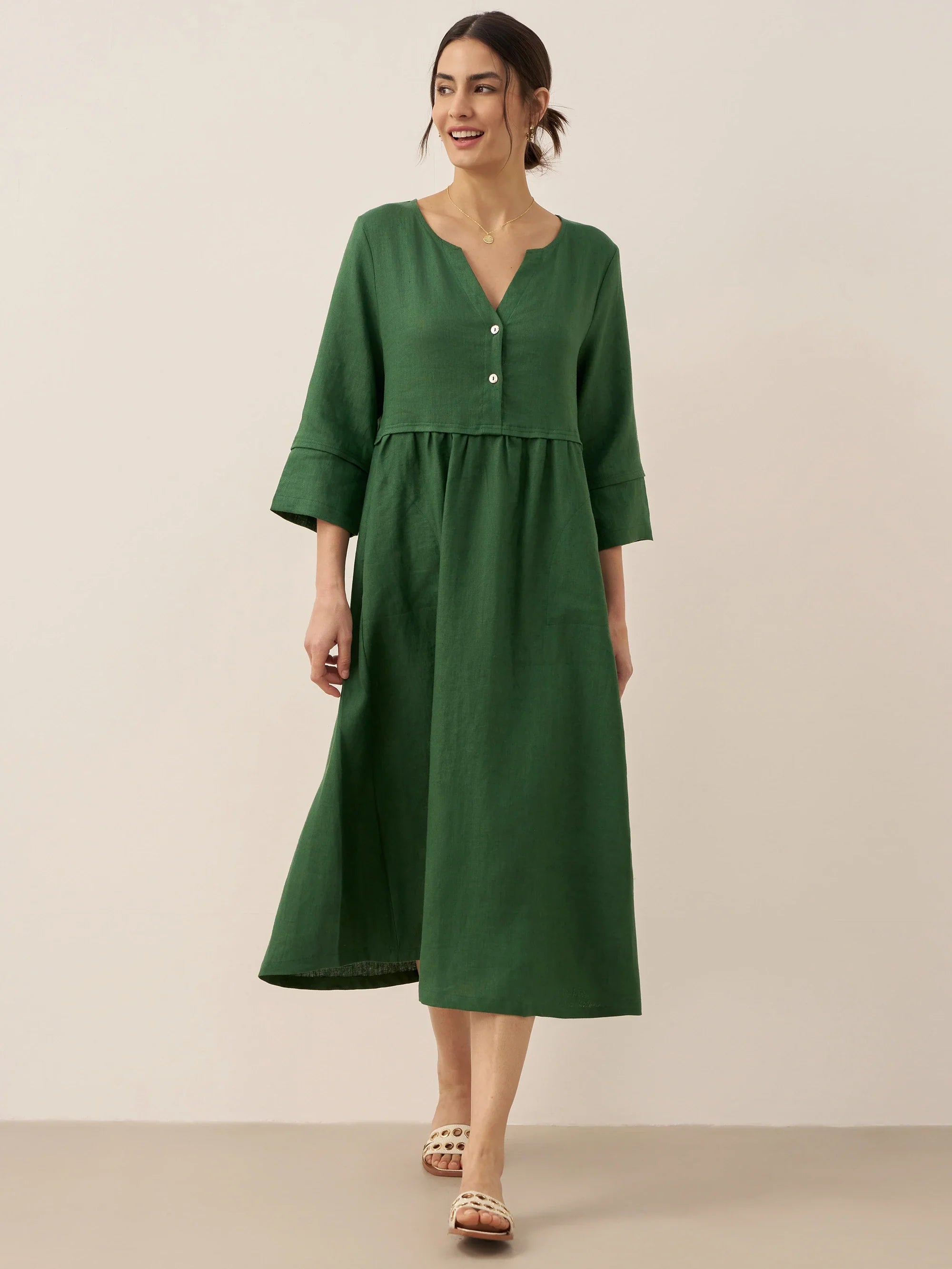 100% Linen Loose Fit Button Waist Gathered Midi Dress