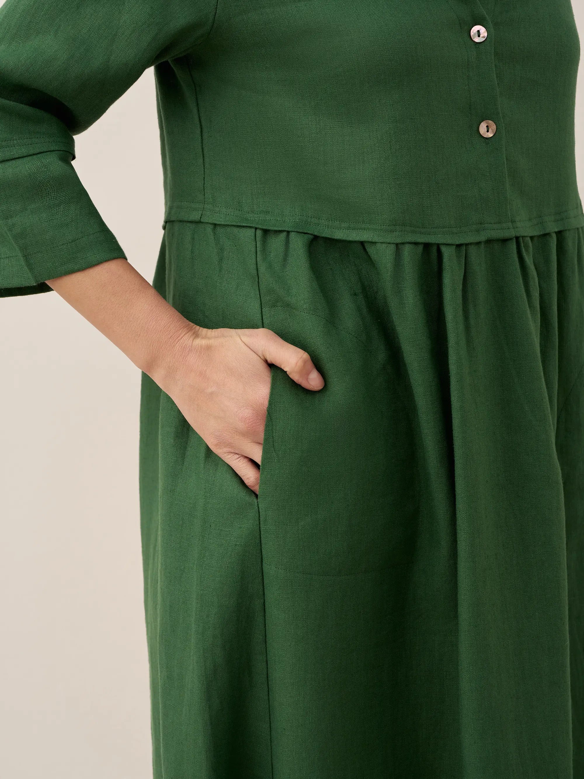 100% Linen Loose Fit Button Waist Gathered Midi Dress