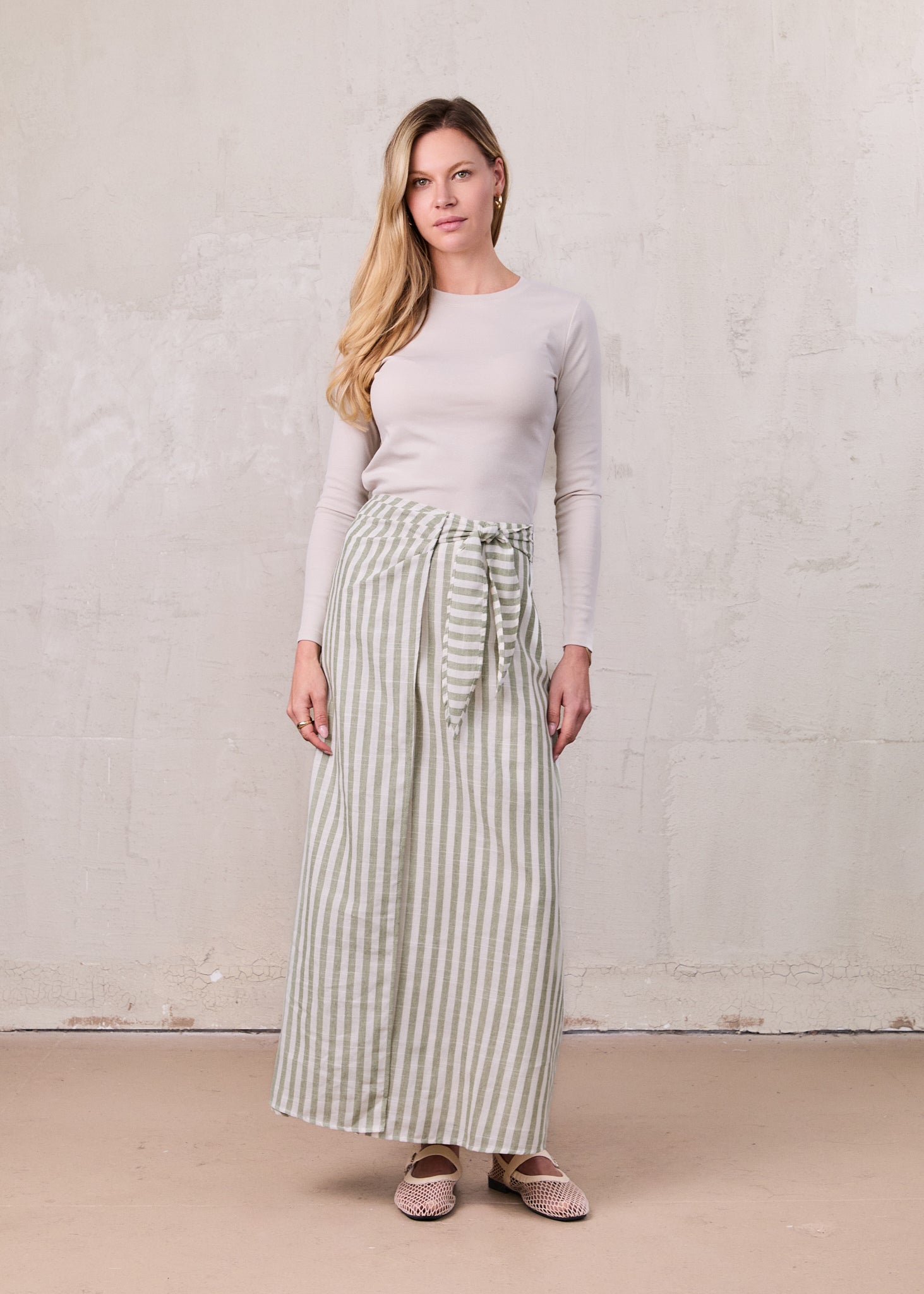Faux Wrap Stripe Skirt-Green/Cream