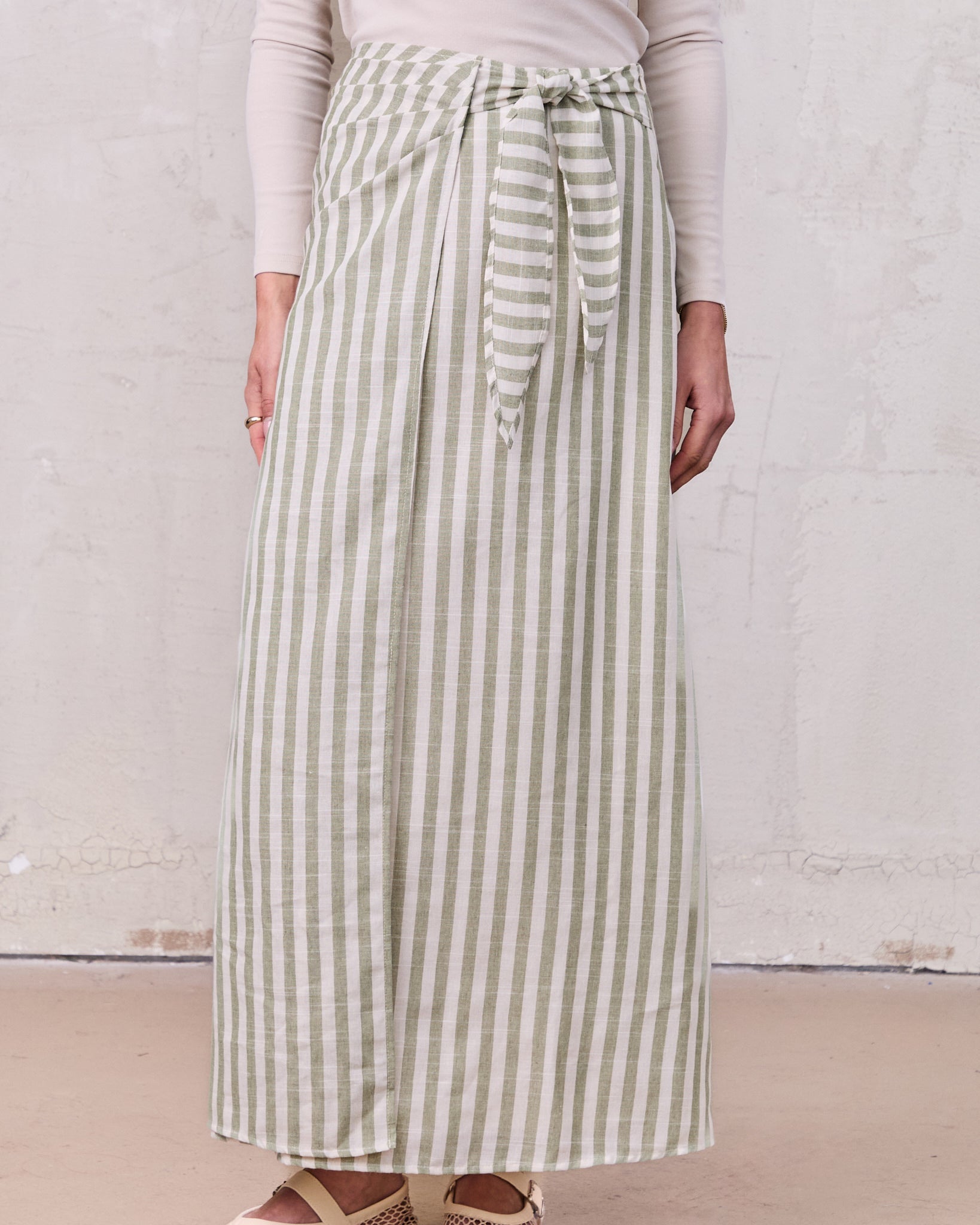 Faux Wrap Stripe Skirt-Green/Cream