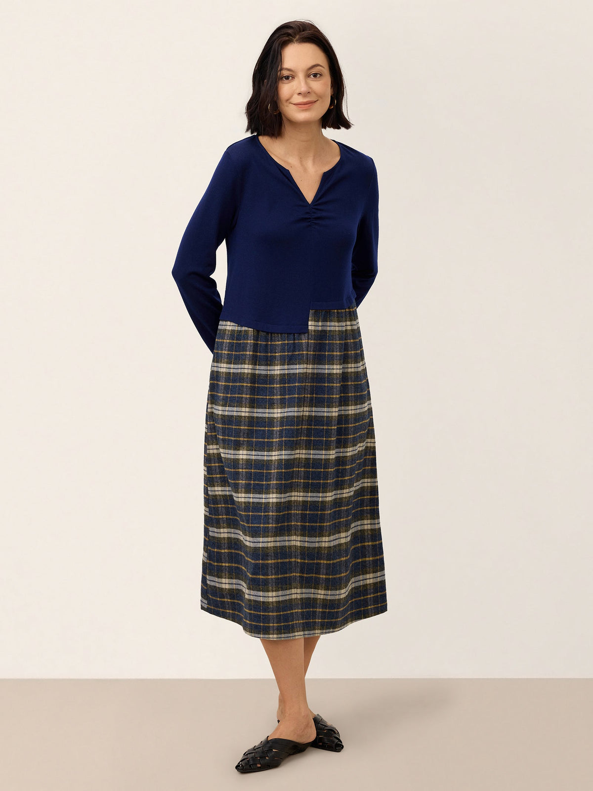 Wool Contrast Check Pleated Waist Midi Dress VALORA