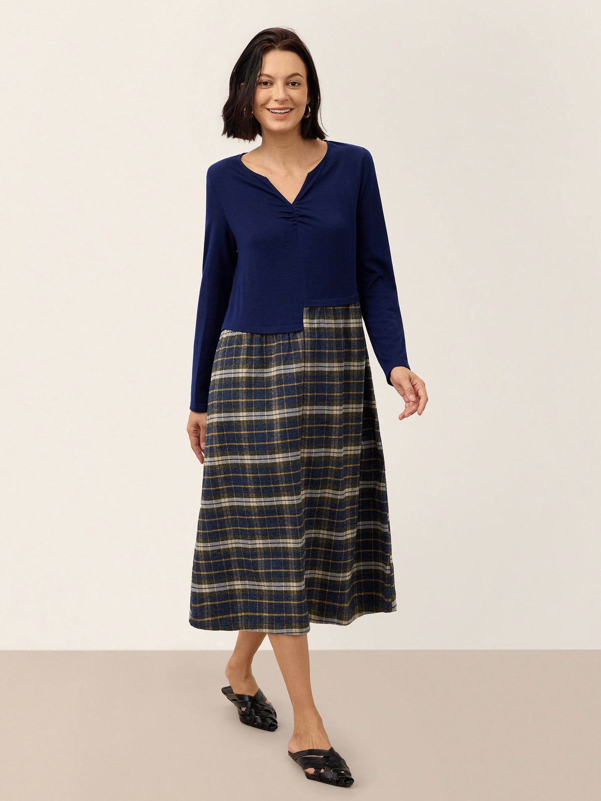 Wool Contrast Check Pleated Waist Midi Dress VALORA