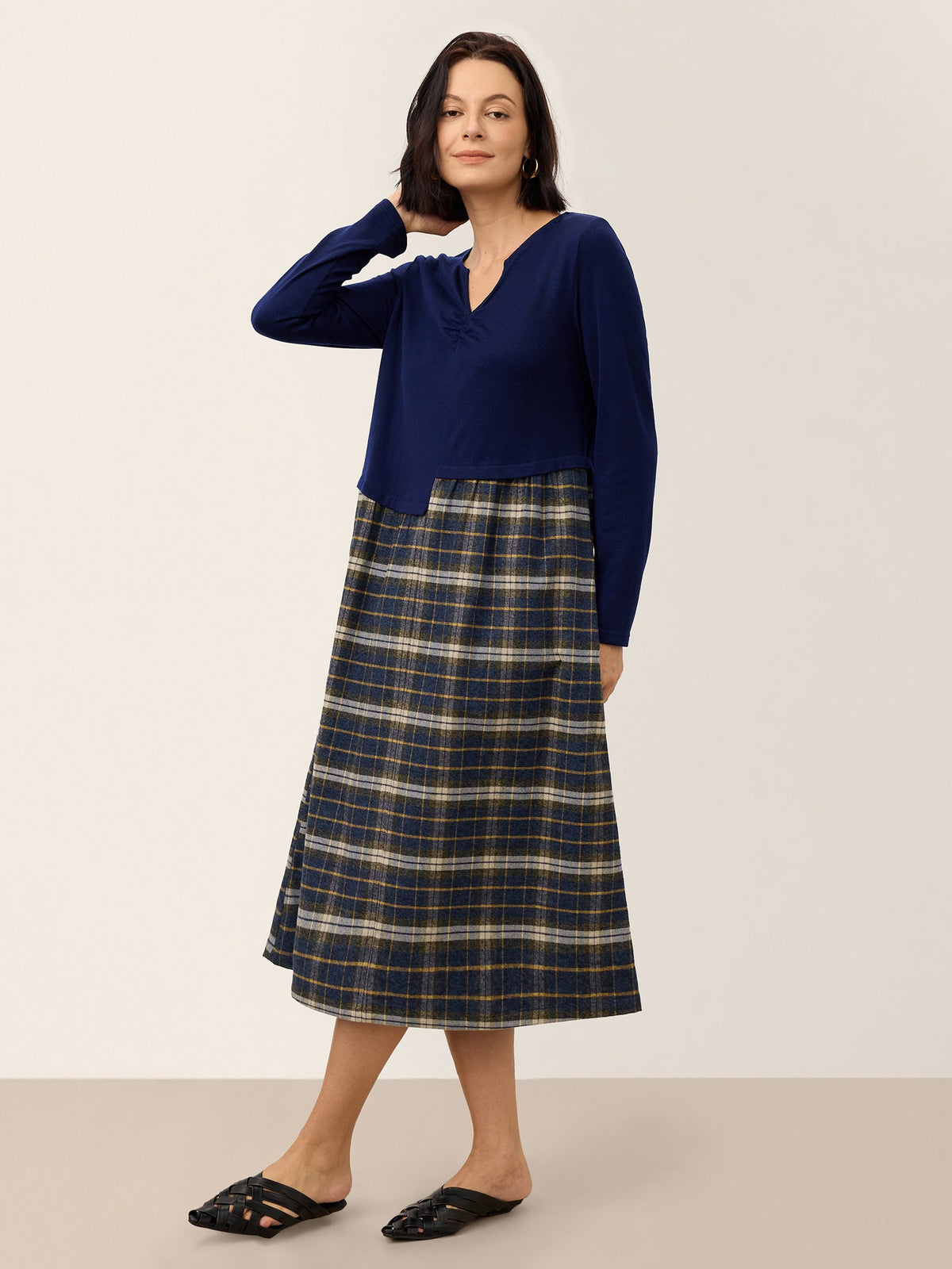 Wool Contrast Check Pleated Waist Midi Dress VALORA