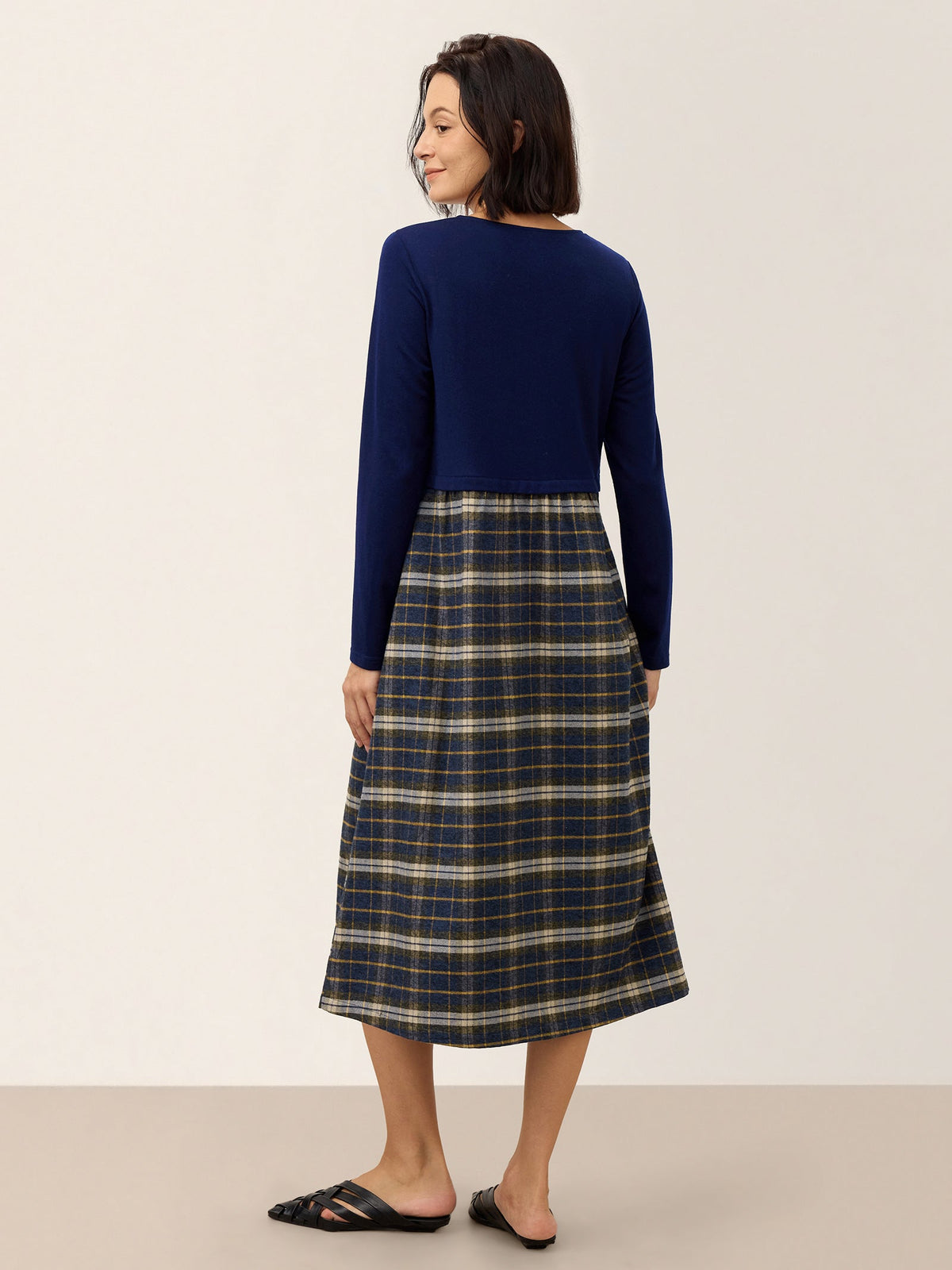 Wool Contrast Check Pleated Waist Midi Dress VALORA