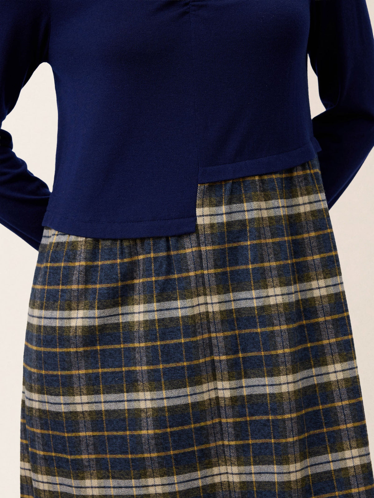 Wool Contrast Check Pleated Waist Midi Dress VALORA